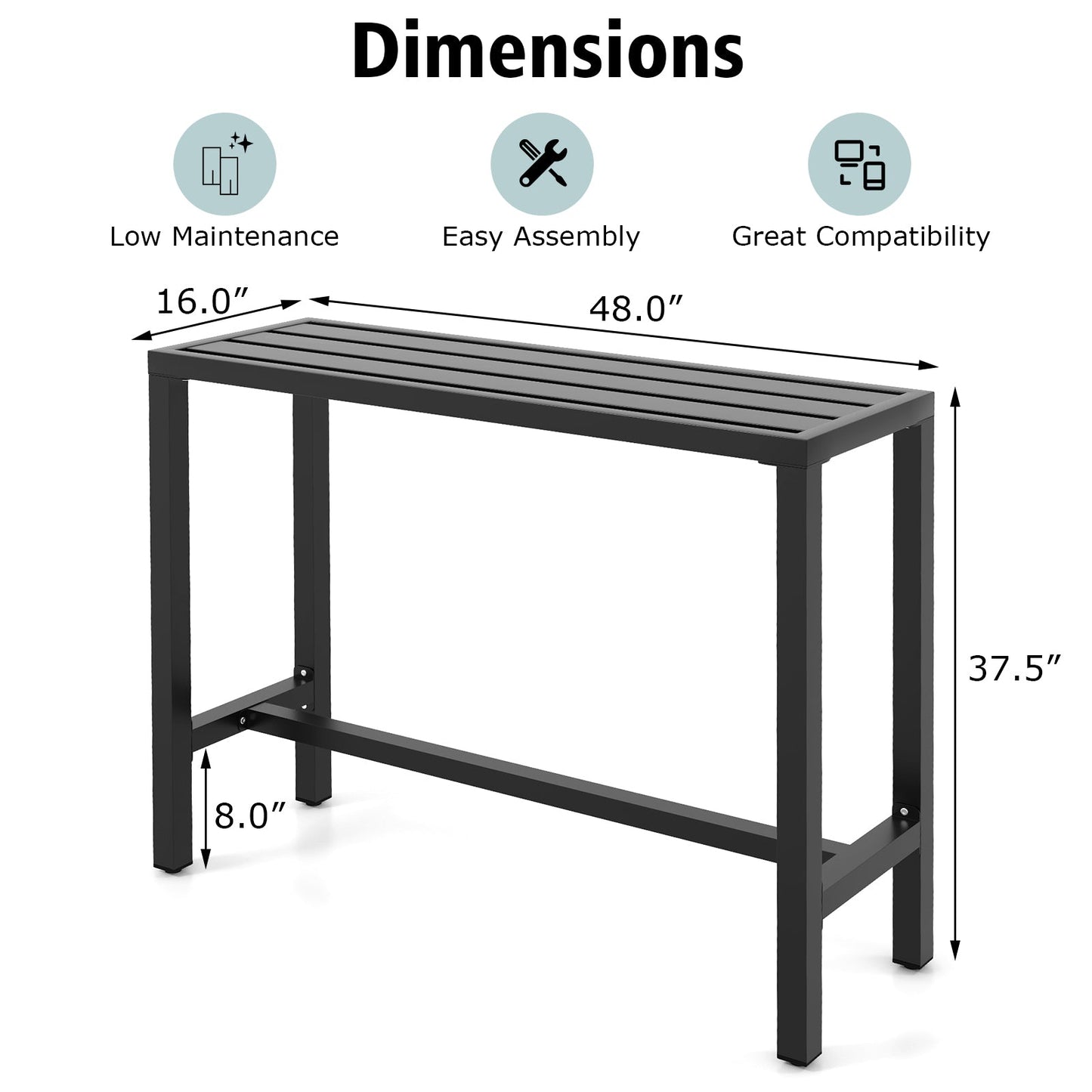 48/55 Inch Outdoor Bar Table with Waterproof Top and Heavy-duty Metal Frame