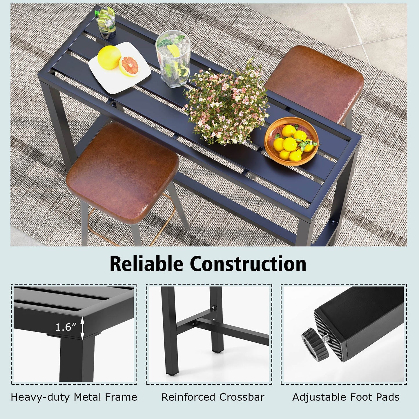 48/55 Inch Outdoor Bar Table with Waterproof Top and Heavy-duty Metal Frame