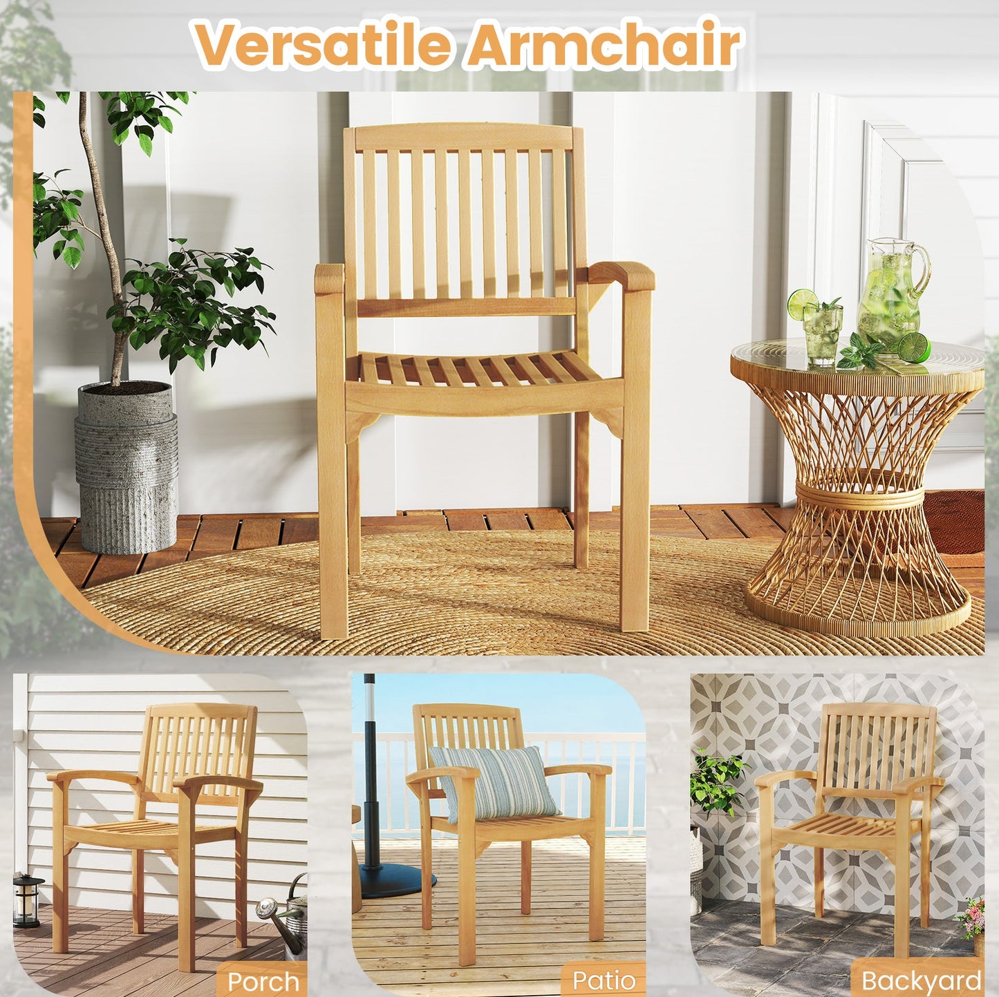 Outdoor Patio Chair with Slatted Seat and Curved Seat