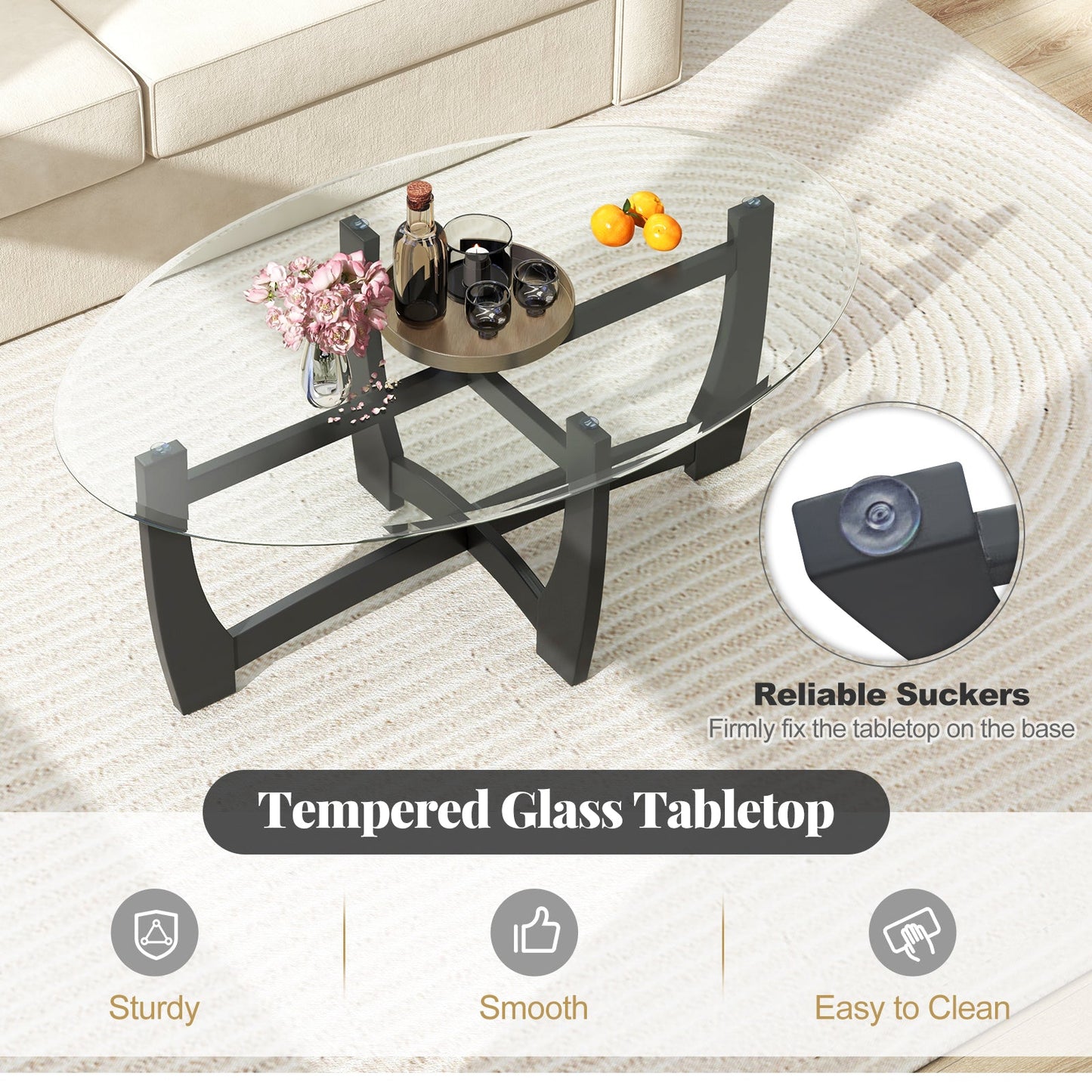 Oval Coffee Table with Tempered Glass Tabletop and Rubber Wood Legs-Black