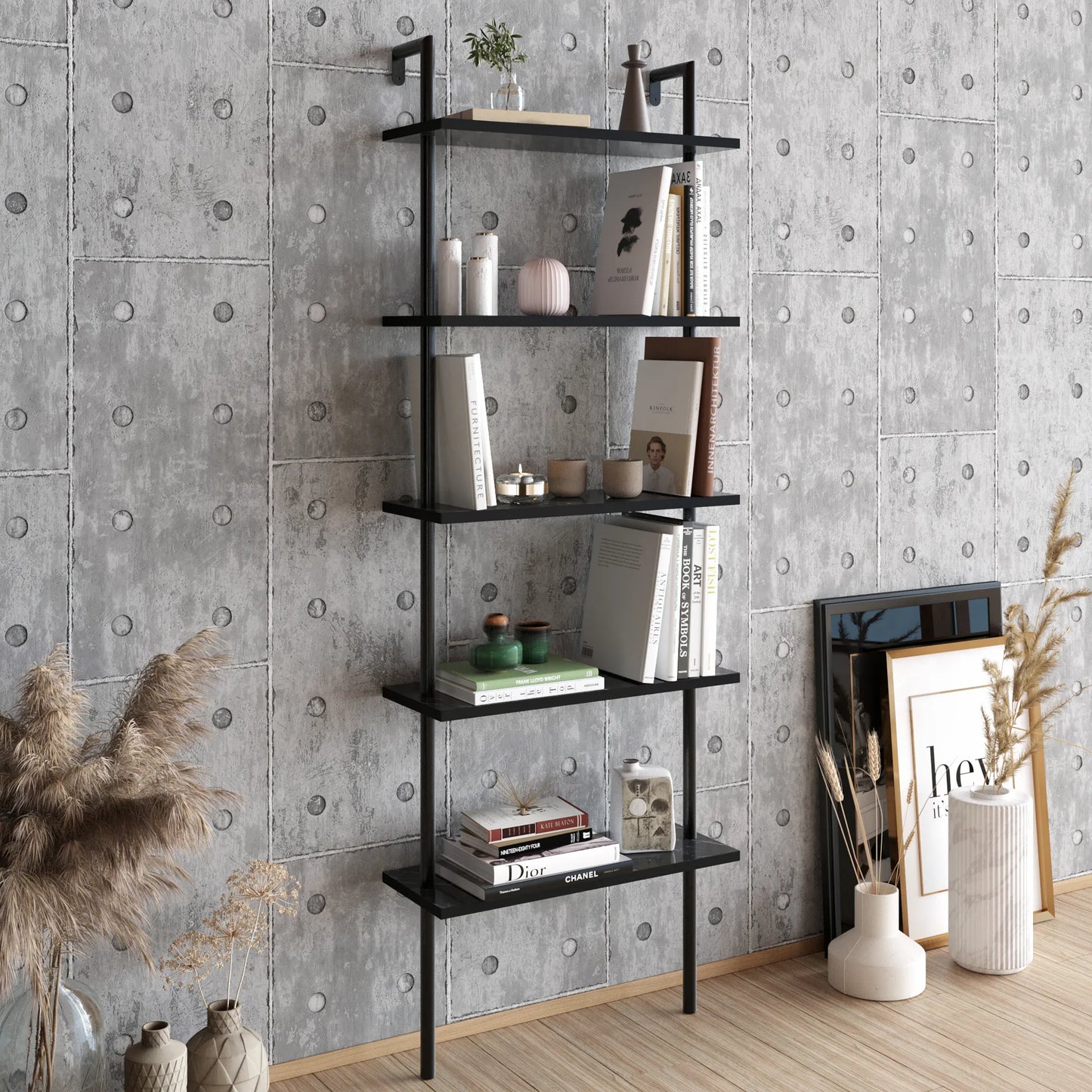 Paula 68 inches Tall Metal Manufactured Wood Accent Ladder Bookcase