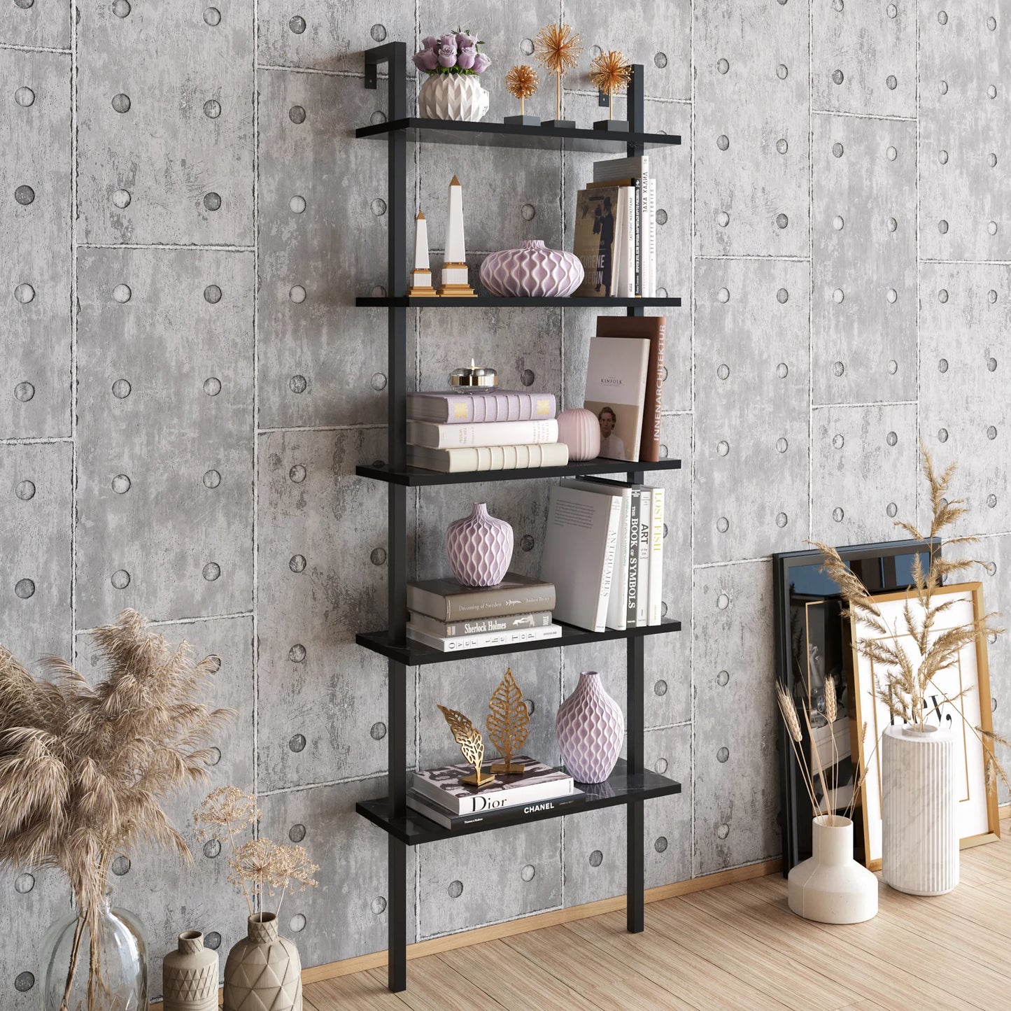 Piante 68 inches Tall Metal Manufactured Wood Accent Ladder Bookcase