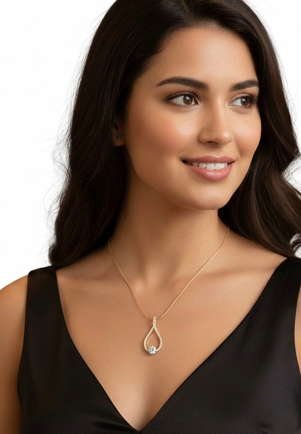 PT306G B.Tiff Gold 1 ct Solitaire Pave Larme Pendant Necklace