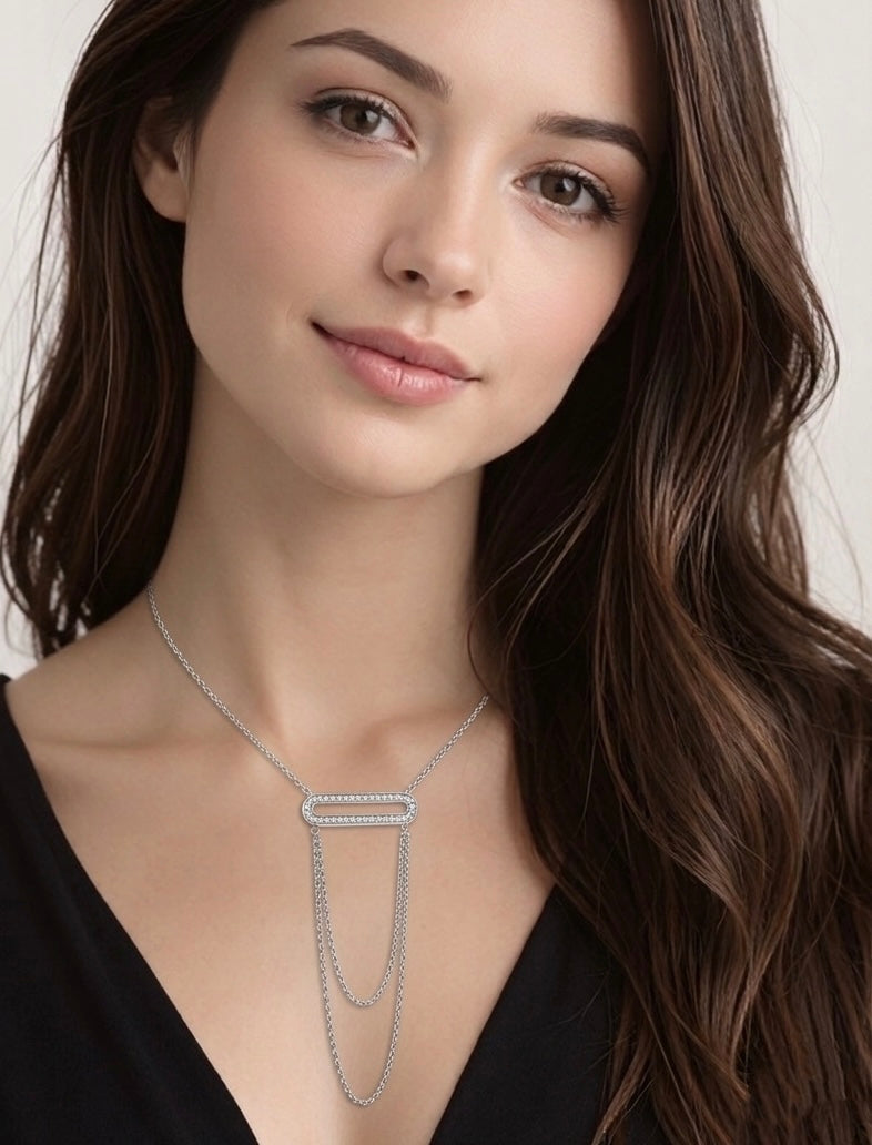 PT630W B.Tiff Pavé Double Chain Oblong Pendant Necklace