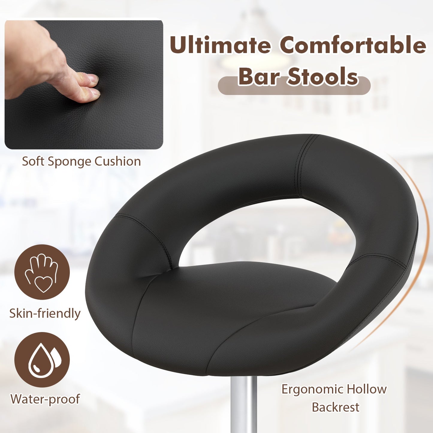 Height Adjustable Bar Stools Set of 2 with Hollow Back and Footrest