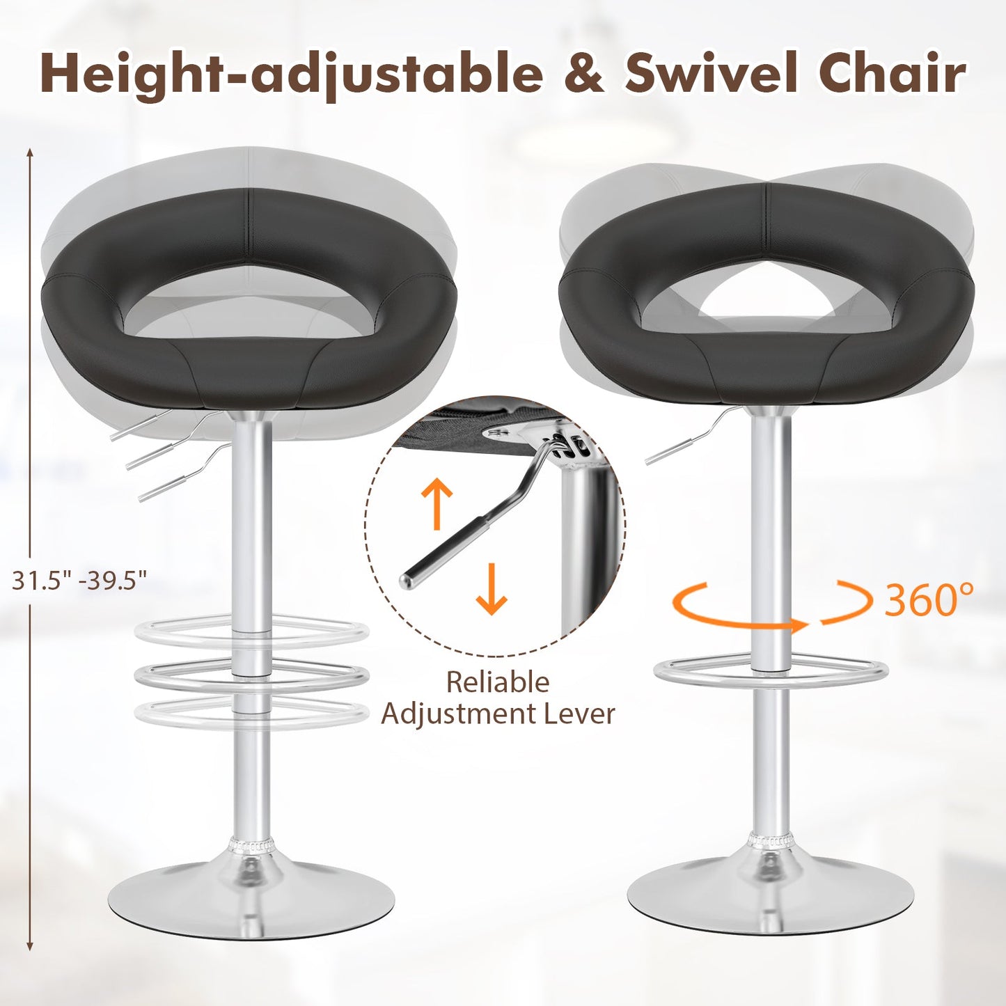 Height Adjustable Bar Stools Set of 2 with Hollow Back and Footrest