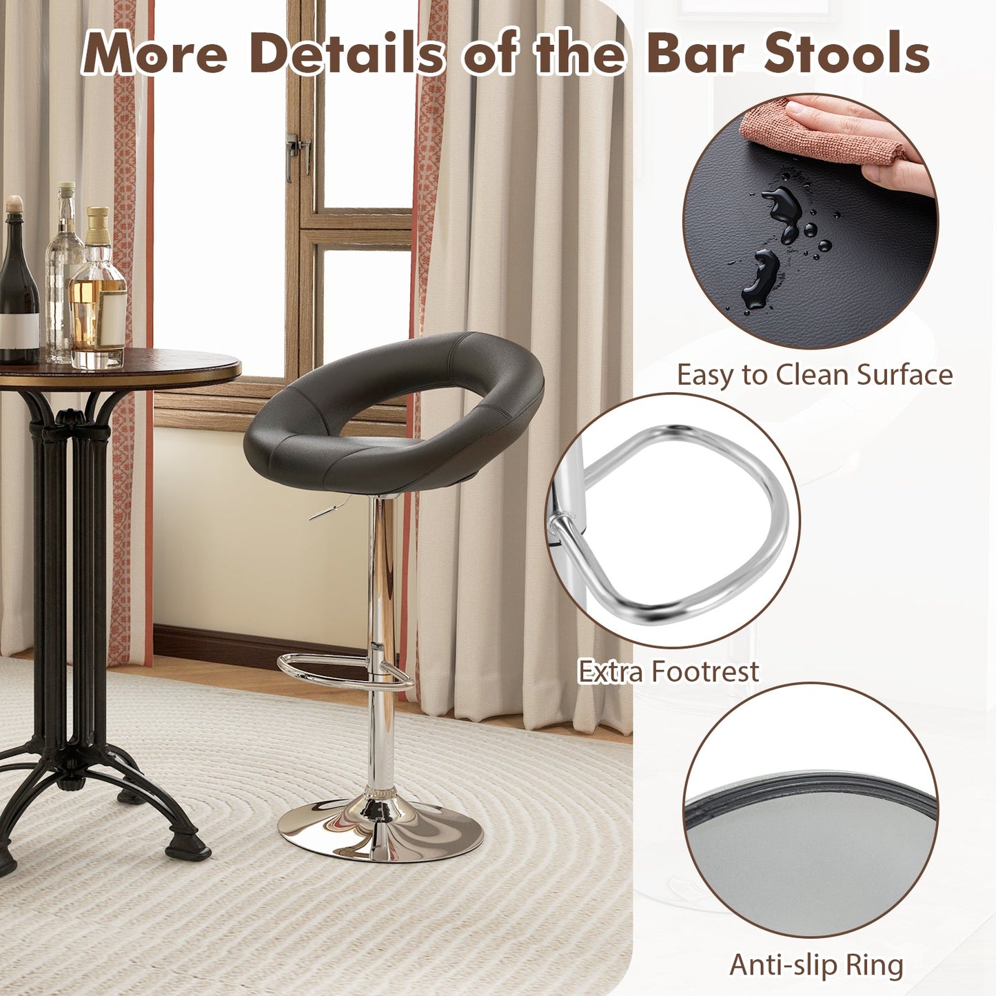 Height Adjustable Bar Stools Set of 2 with Hollow Back and Footrest