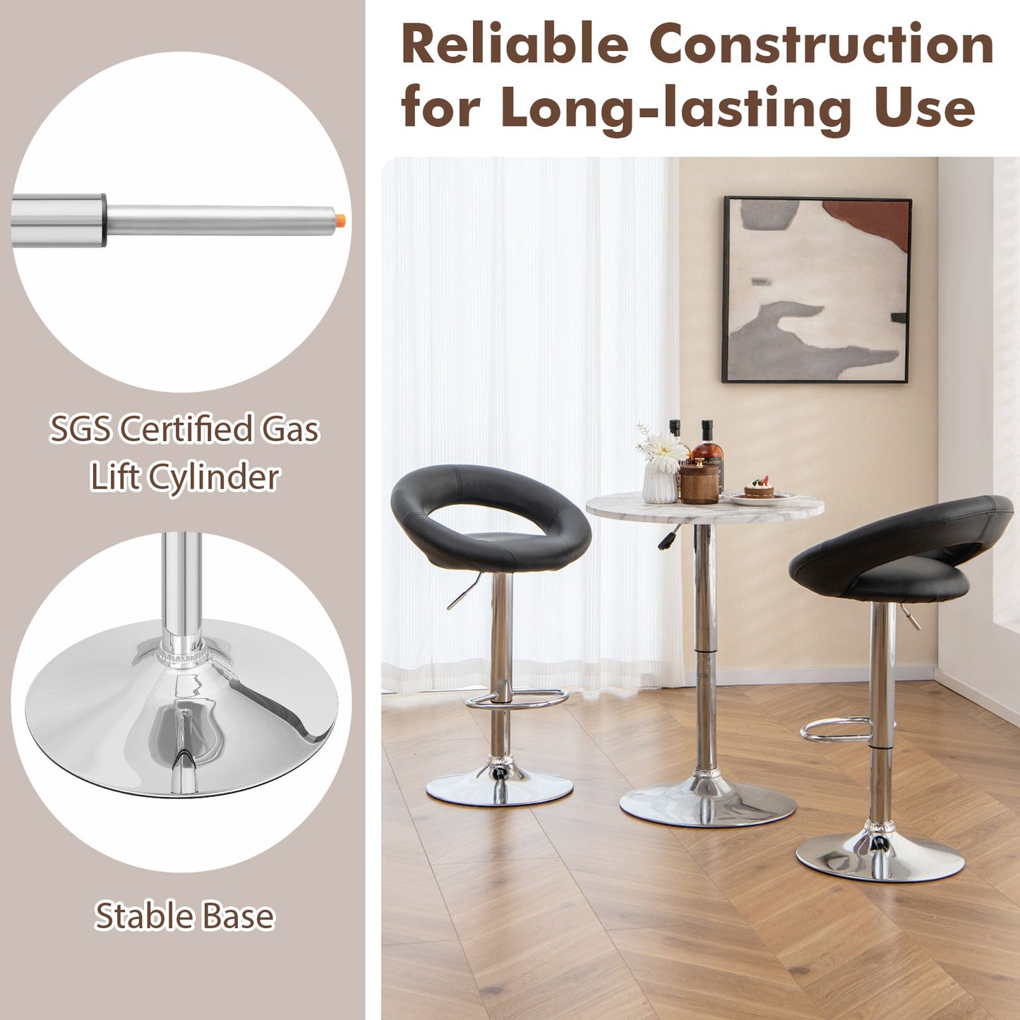 Height Adjustable Bar Stools Set of 2 with Hollow Back and Footrest