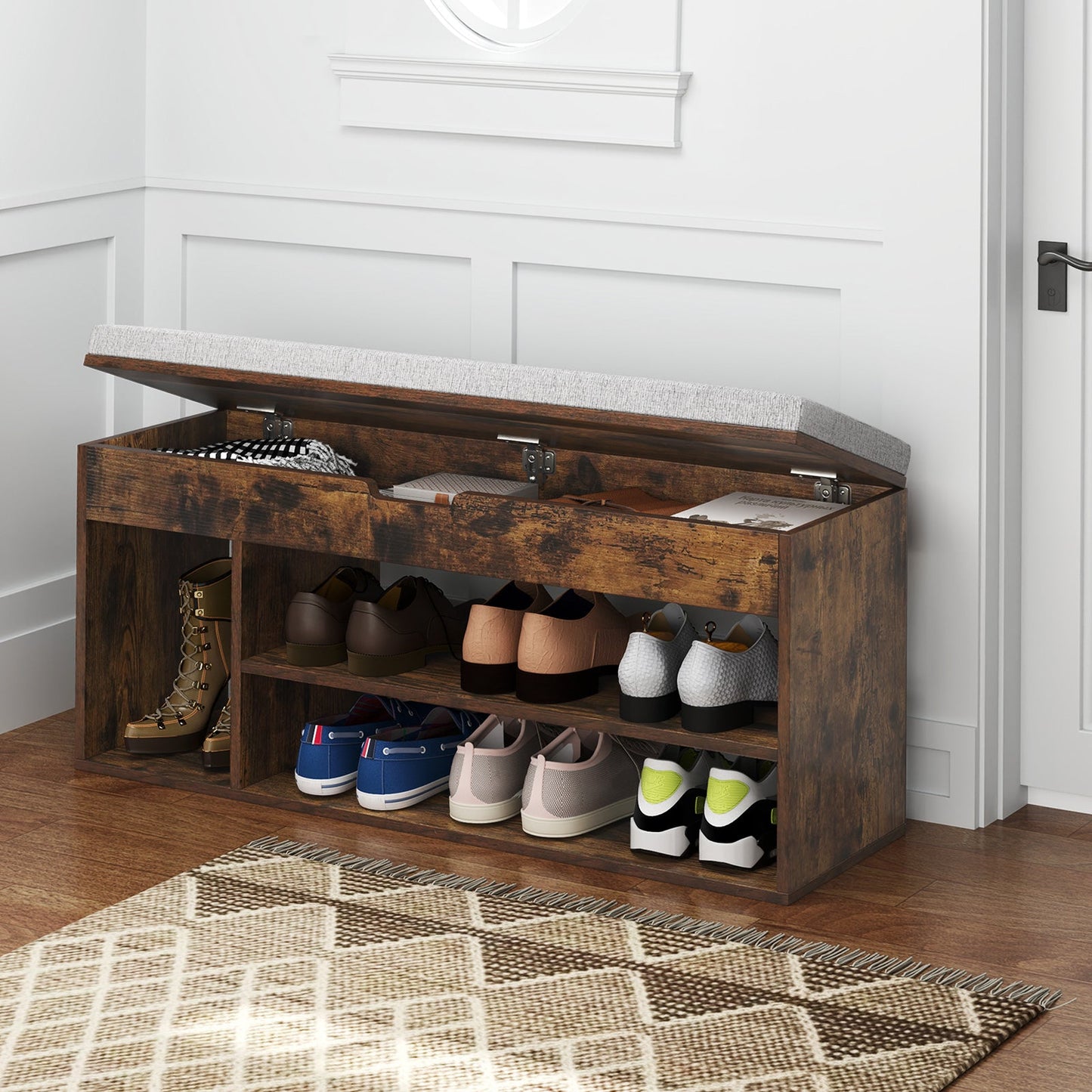 Padded Seat Shoe Bench with Hidden Storage and 3 Open Shelves