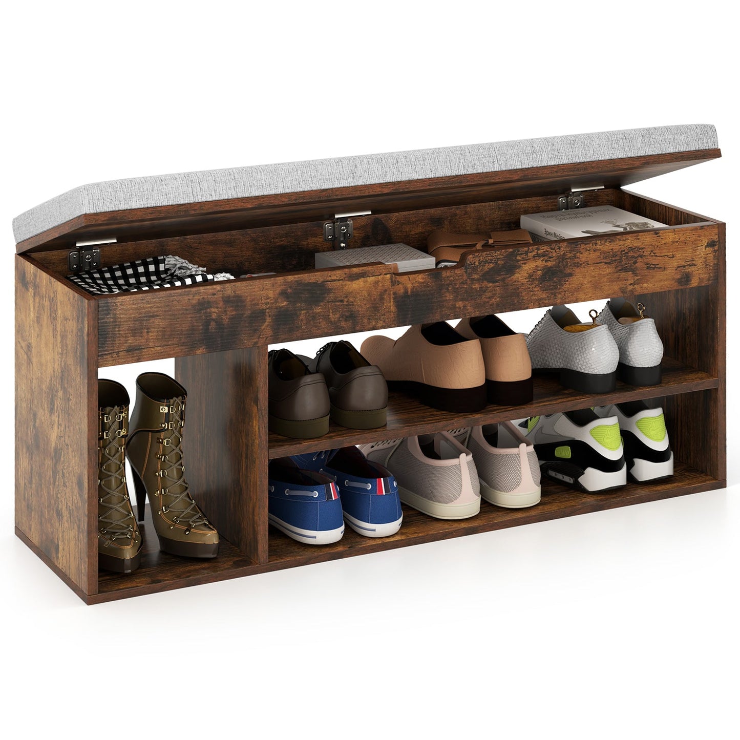 Padded Seat Shoe Bench with Hidden Storage and 3 Open Shelves