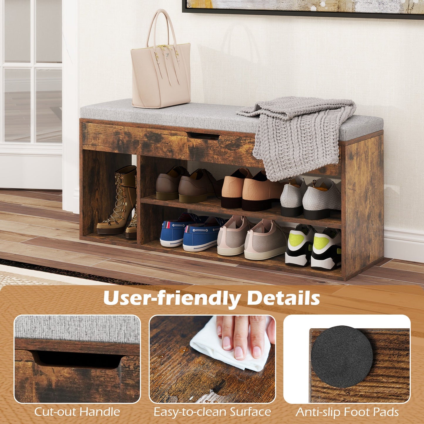 Padded Seat Shoe Bench with Hidden Storage and 3 Open Shelves