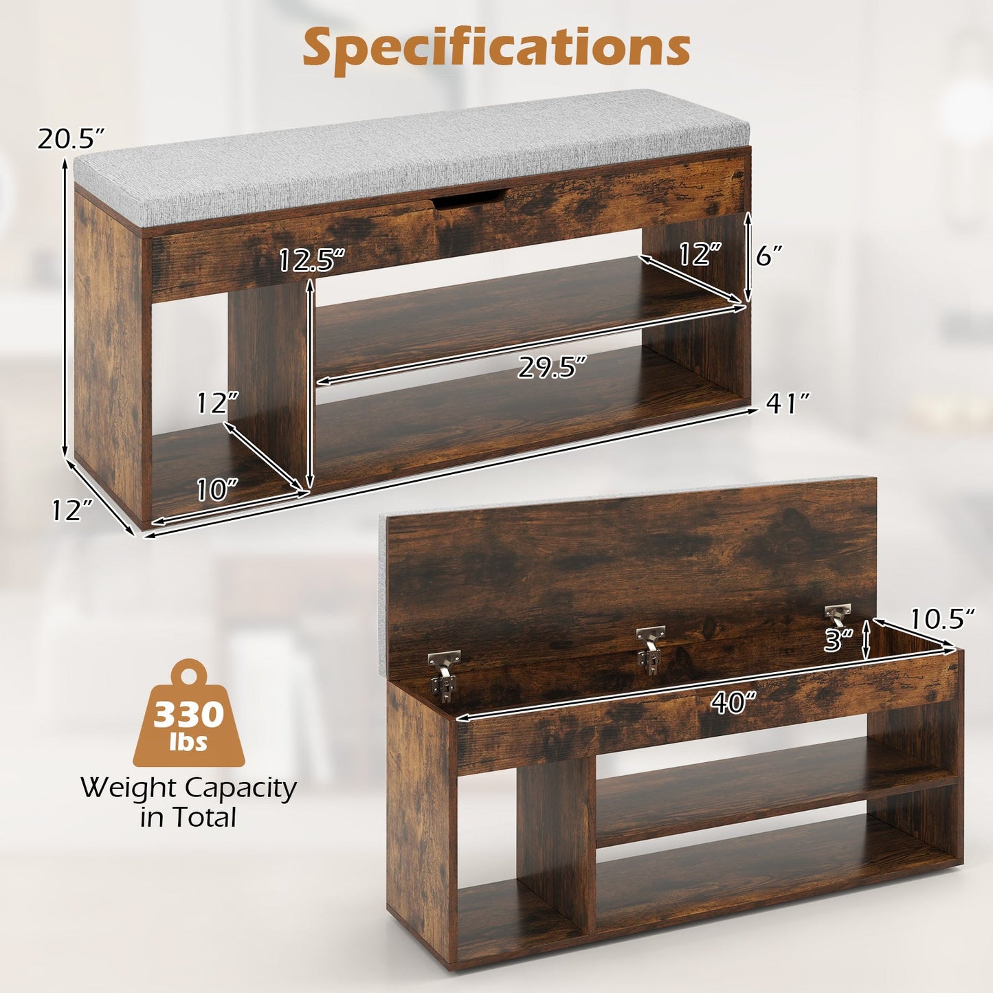 Padded Seat Shoe Bench with Hidden Storage and 3 Open Shelves
