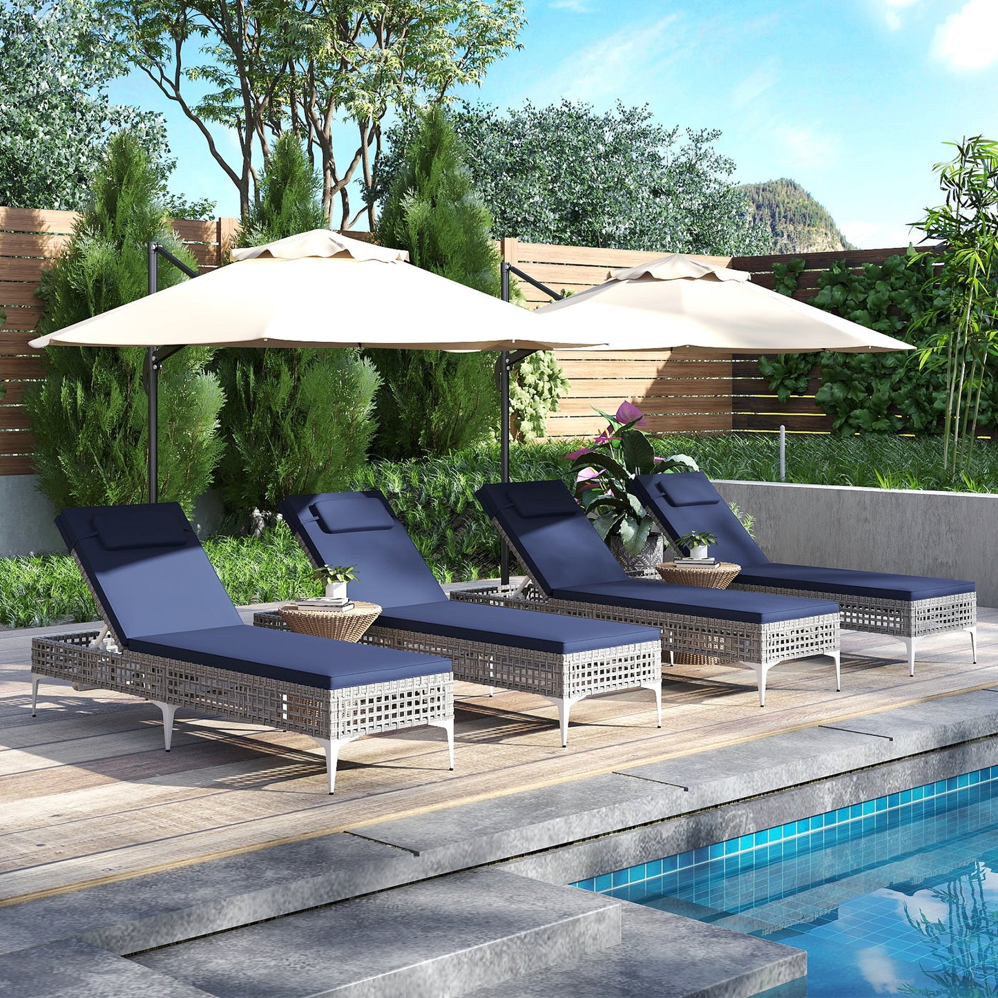 Patio Chaise Lounge Chair with 6-Level Adjustable Backrest and Headrest for Poolside-Navy