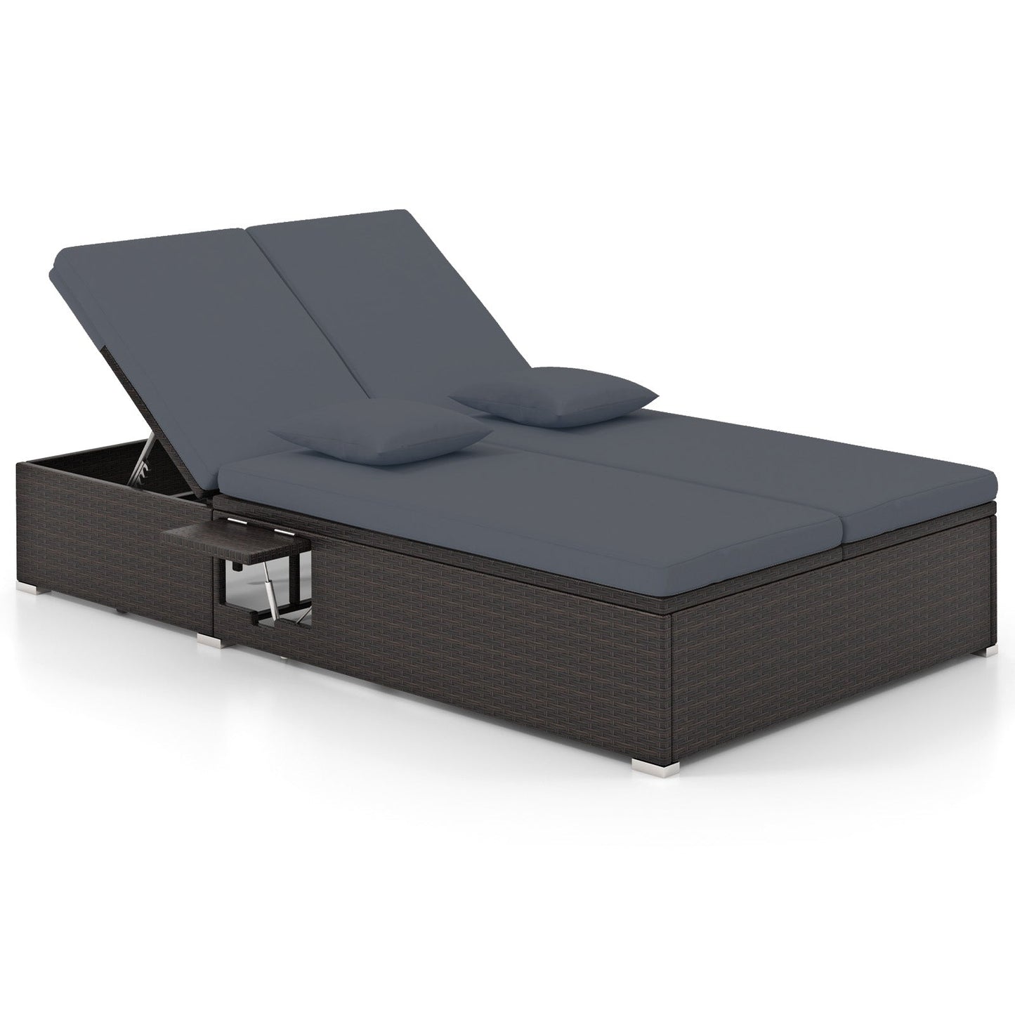 Patio Double Chaise Lounge with Cushions and Folding Side Trays