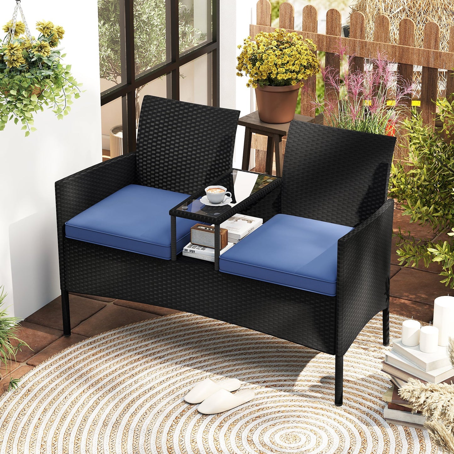 Patio Loveseat with Built-in Table for Backyard Porch