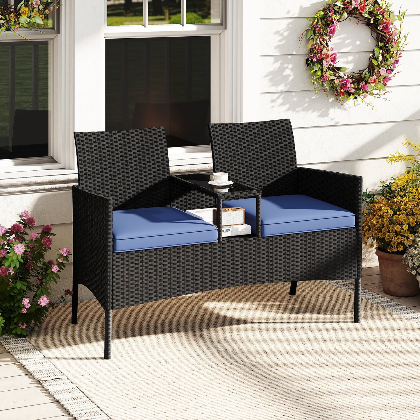 Patio Loveseat with Built-in Table for Backyard Porch