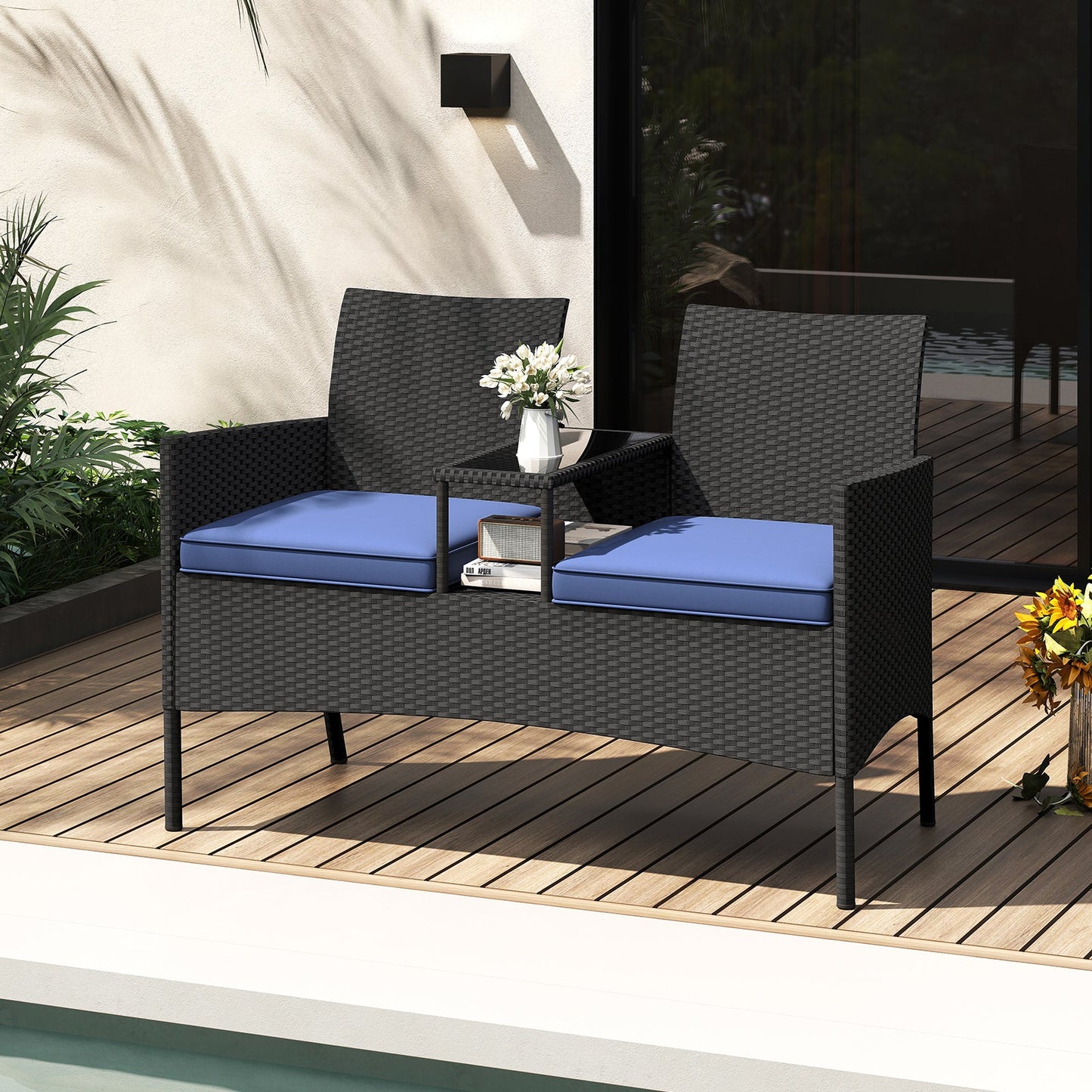 Patio Loveseat with Built-in Table for Backyard Porch
