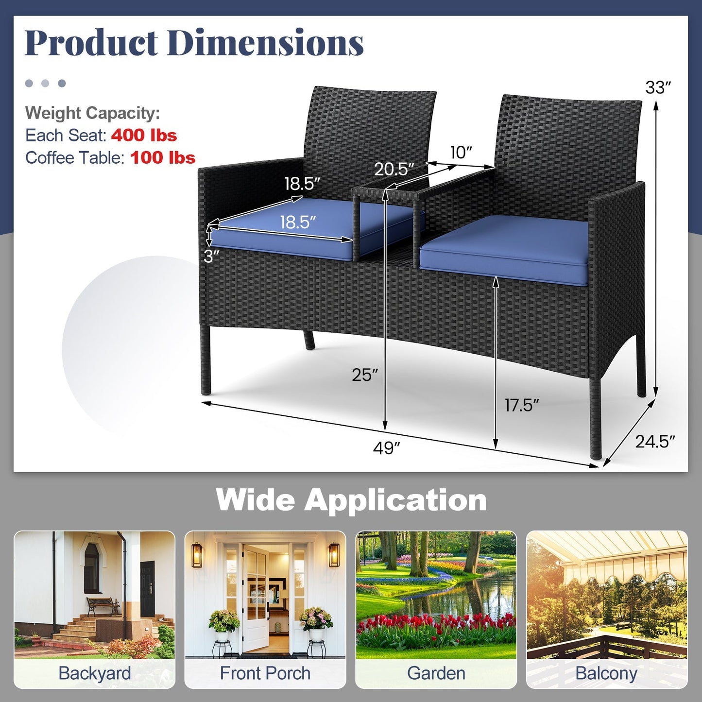 Patio Loveseat with Built-in Table for Backyard Porch