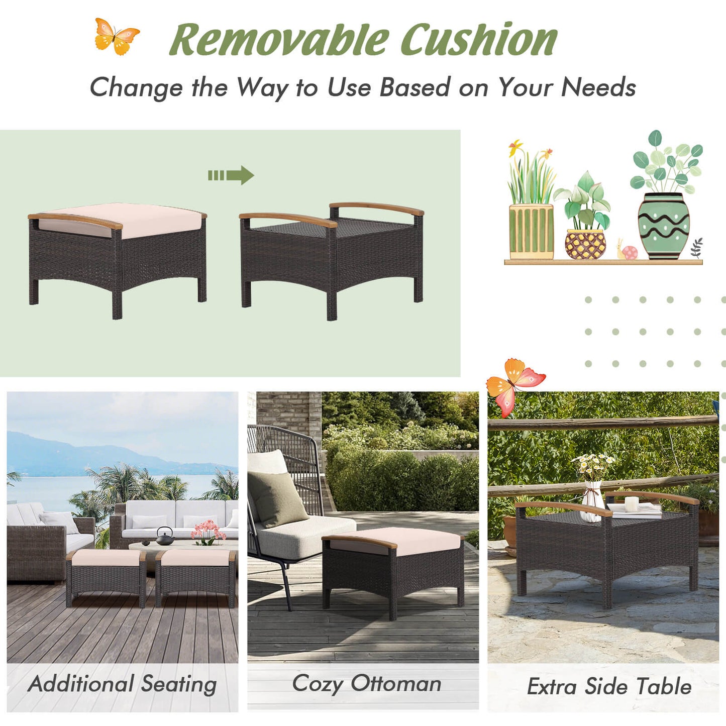 Set of 2 Fade-Resistant Wicker Patio Ottoman