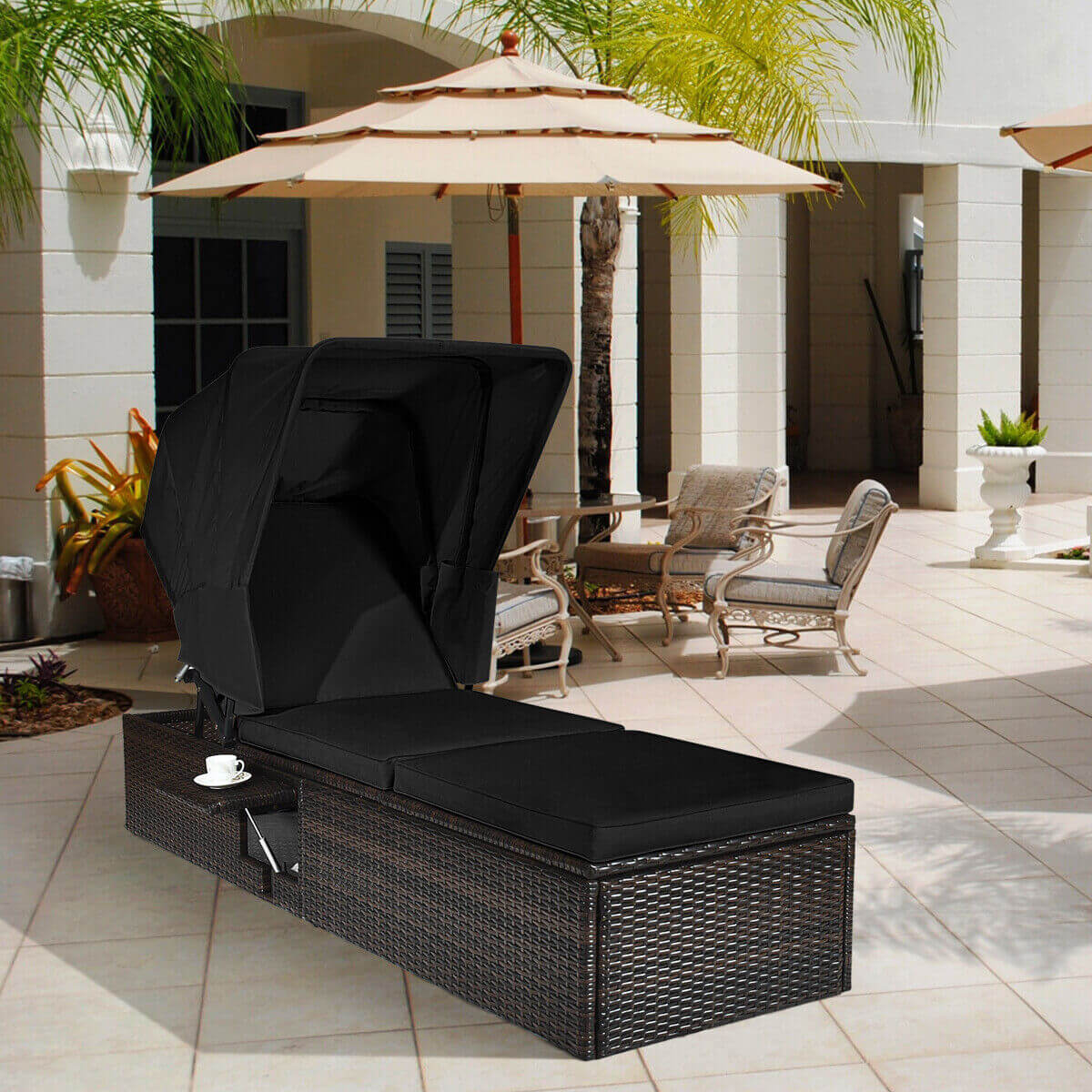Outdoor Chaise Lounge Chair with Folding Canopy