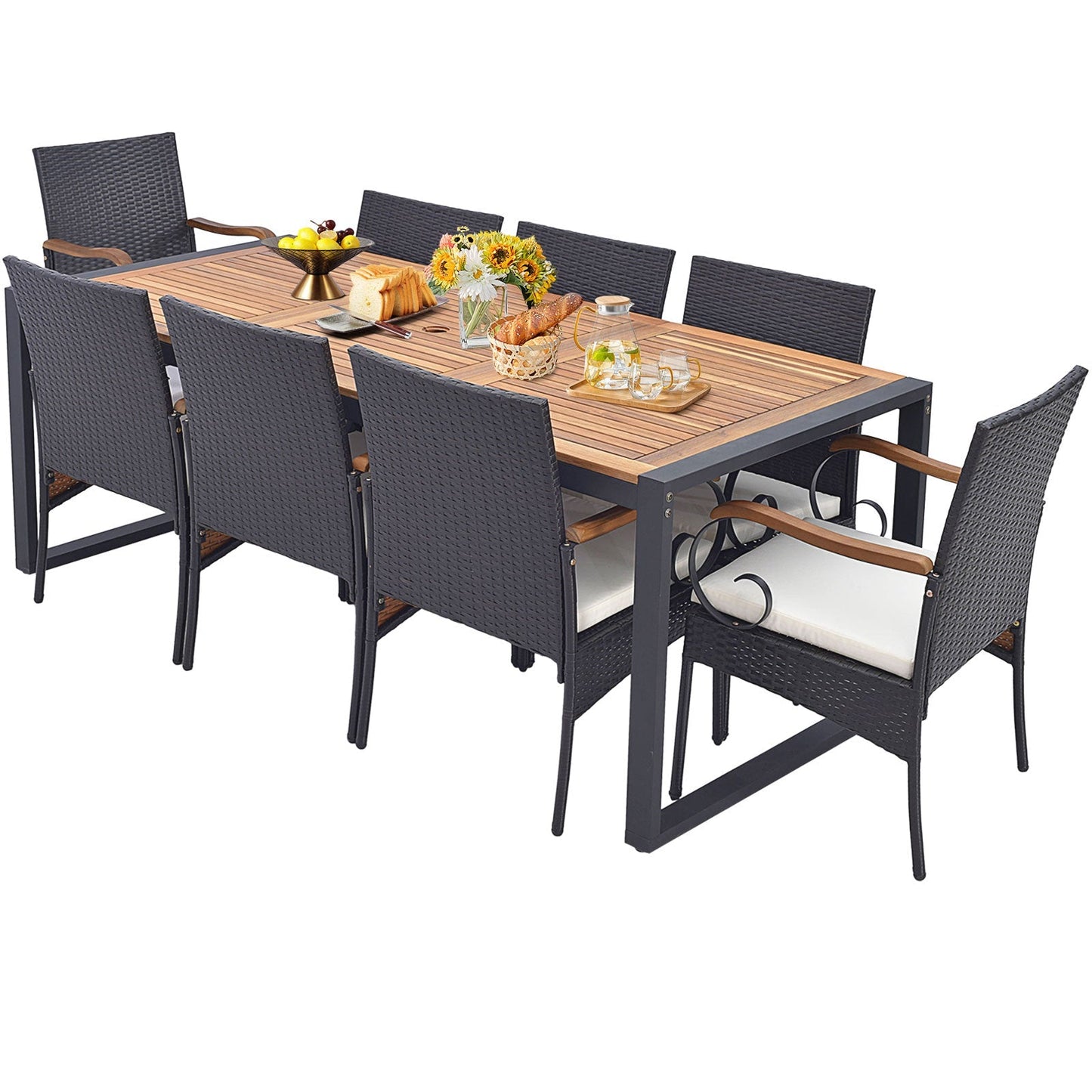 9 Pieces Patio Rattan Dining Set with Acacia Wood Table for Backyard Garden