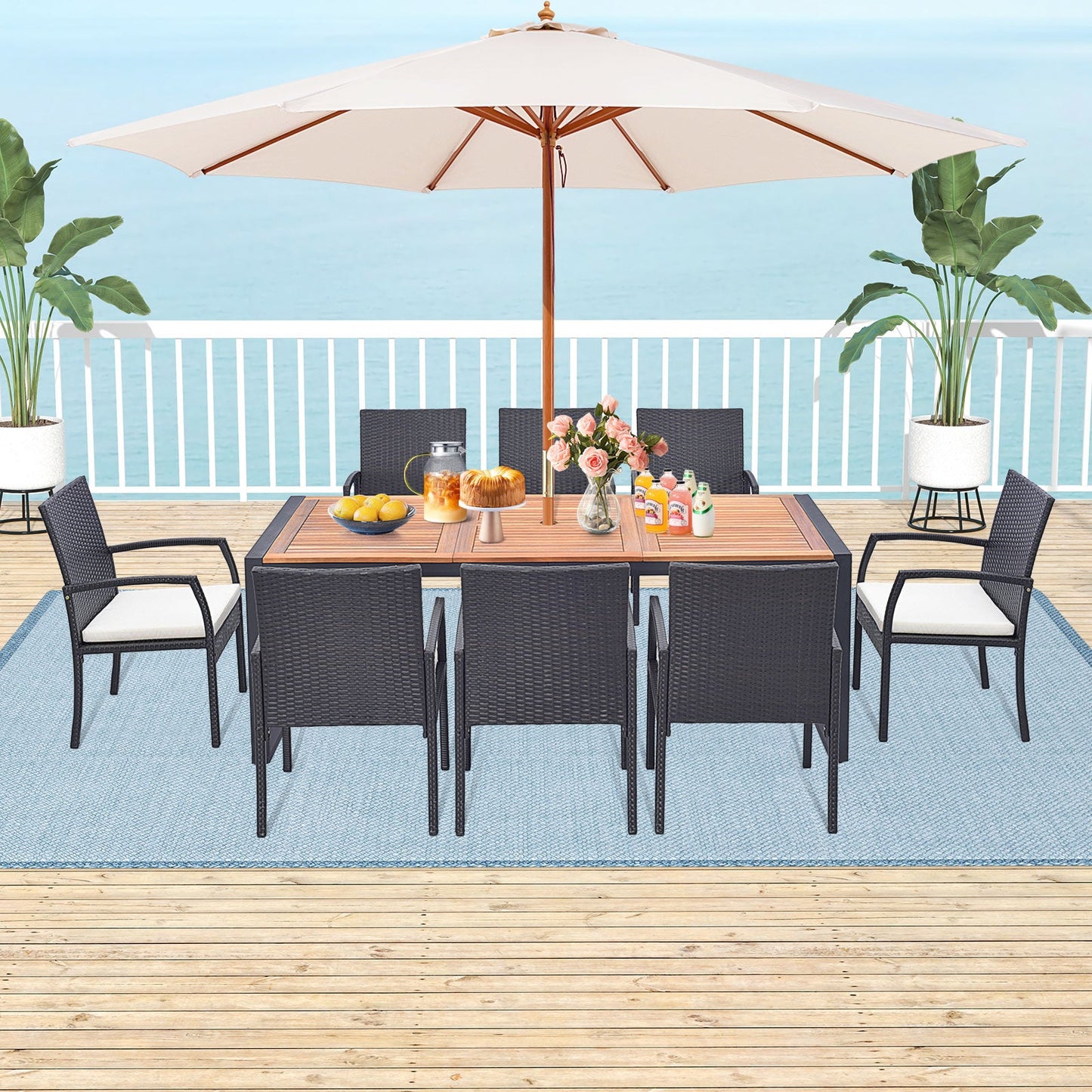 9 Pieces Patio Rattan Dining Set with Acacia Wood Table for Backyard Garden