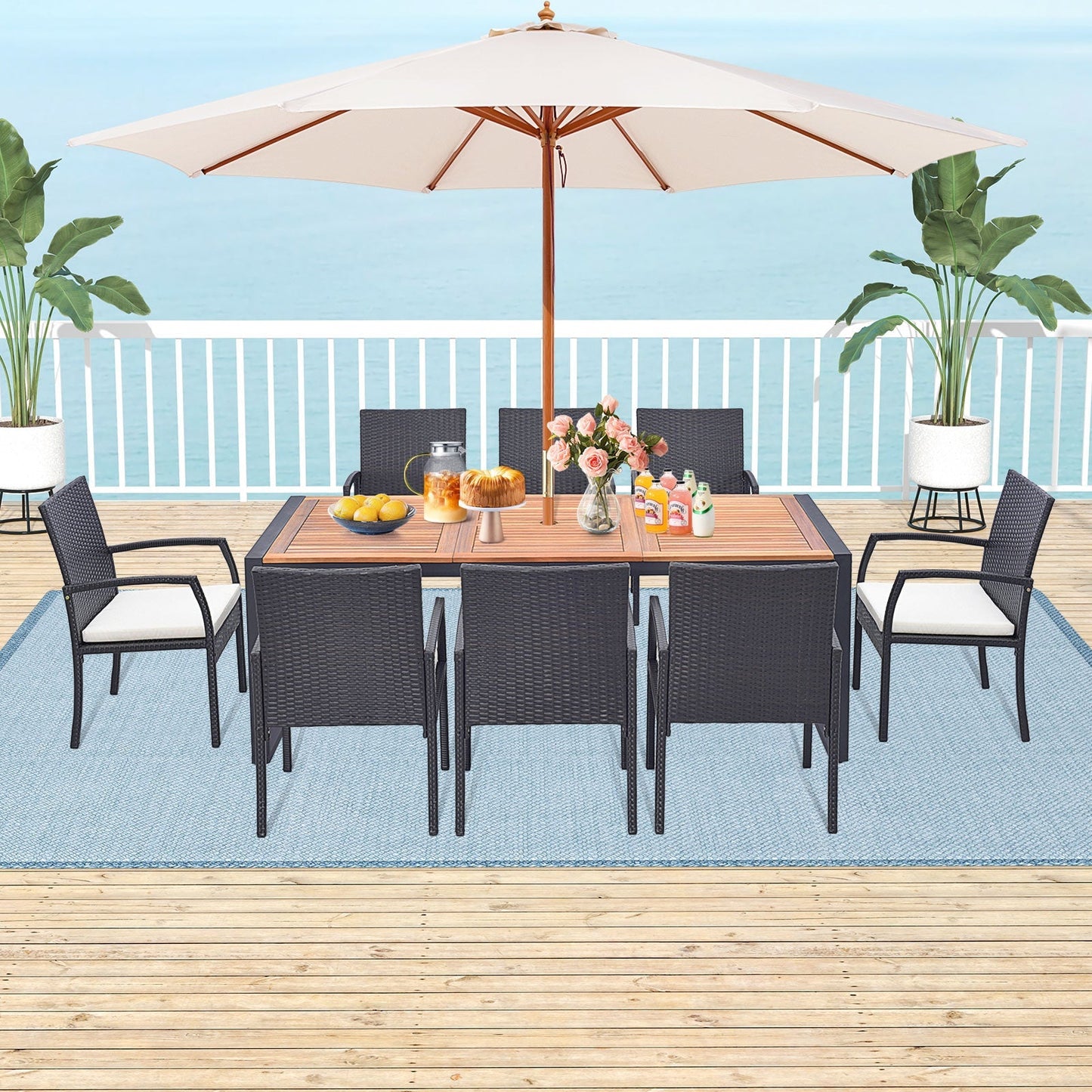9 Pieces Patio Rattan Dining Set with Acacia Wood Table for Backyard Garden