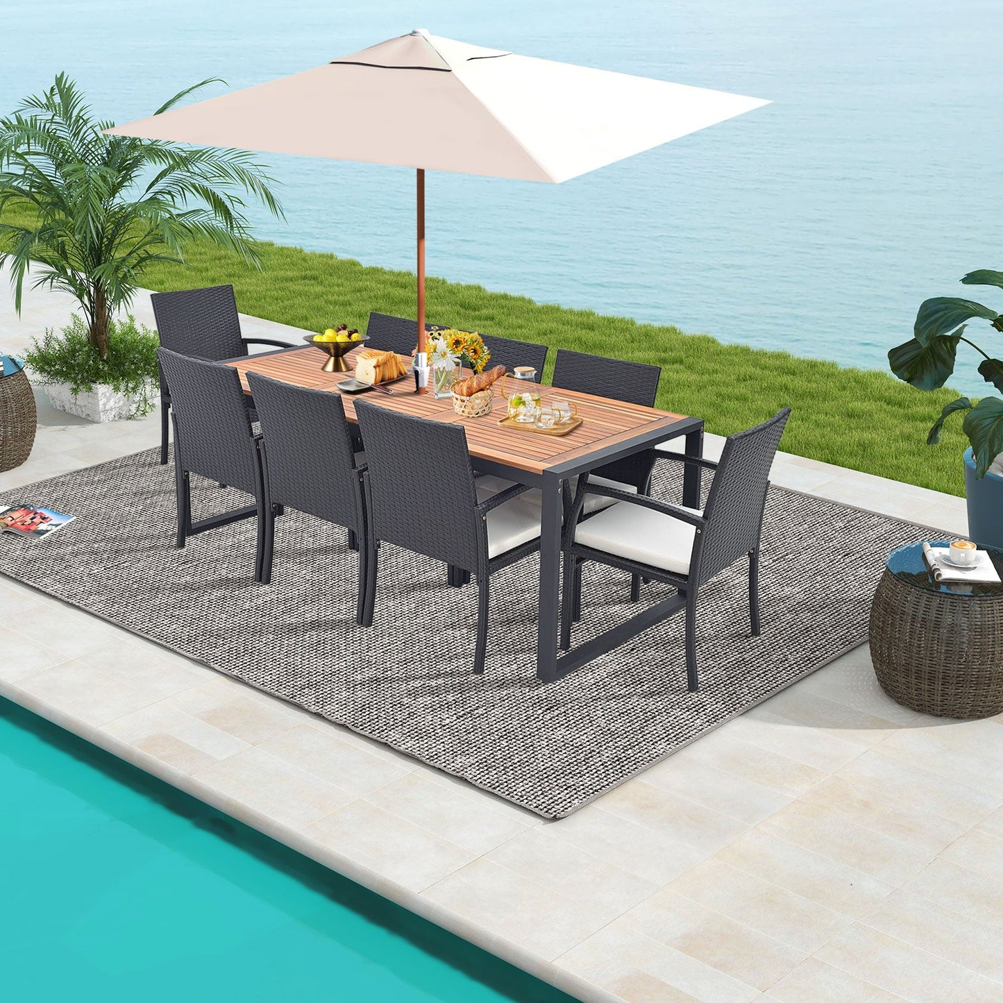 9 Pieces Patio Rattan Dining Set with Acacia Wood Table for Backyard Garden
