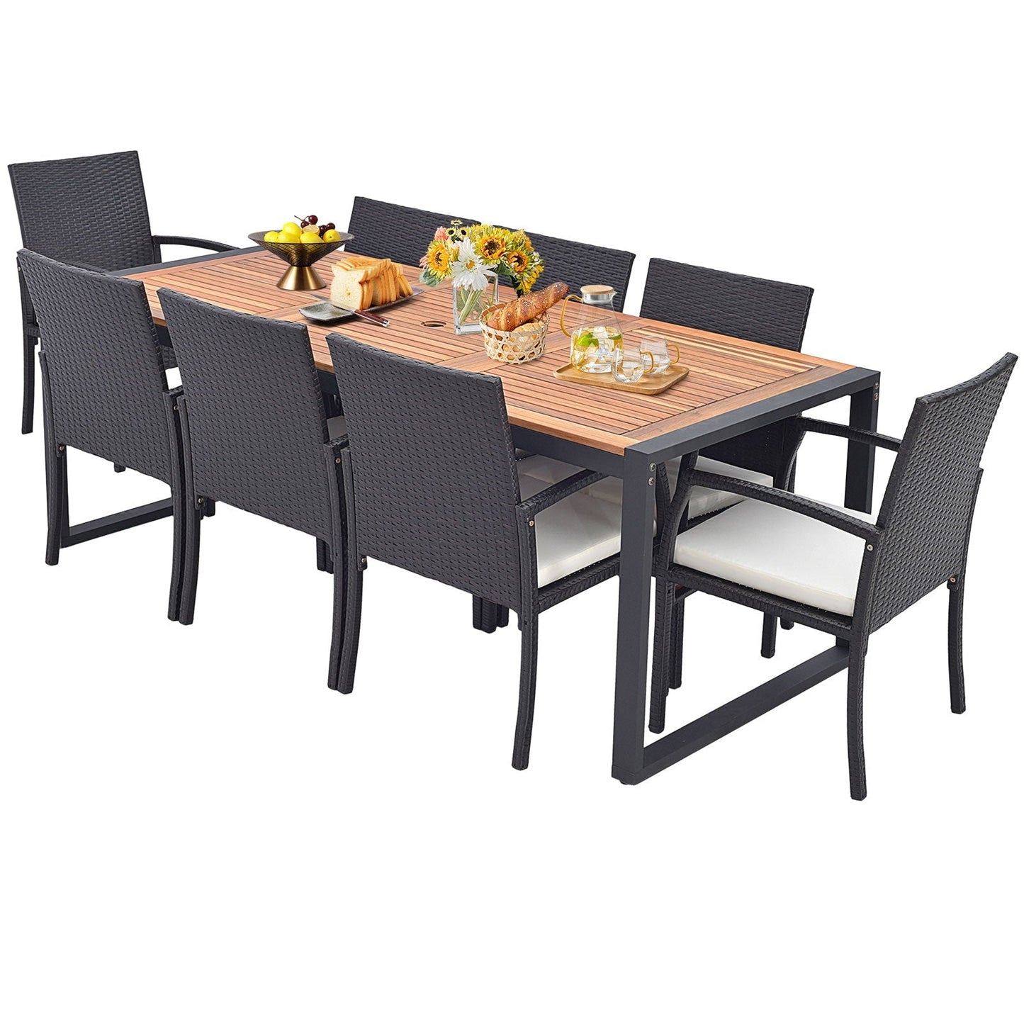 9 Pieces Patio Rattan Dining Set with Acacia Wood Table for Backyard Garden