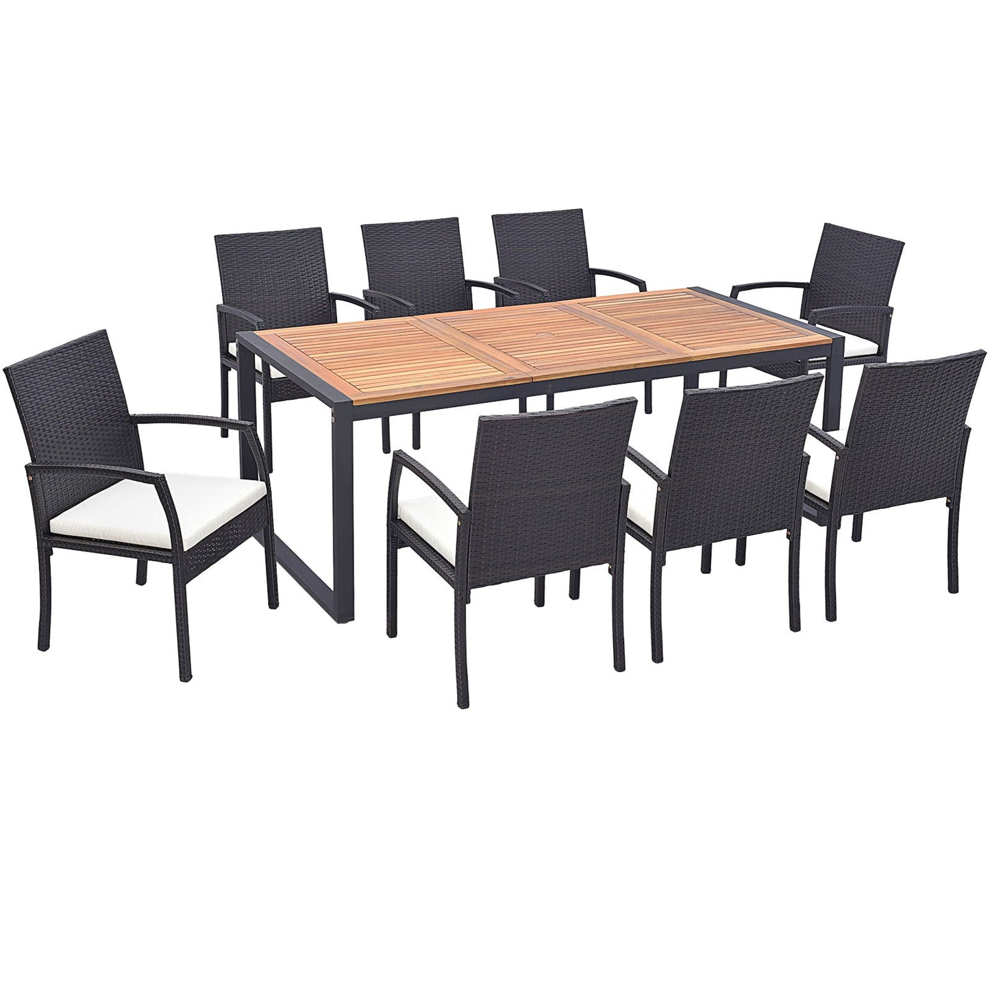 9 Pieces Patio Rattan Dining Set with Acacia Wood Table for Backyard Garden