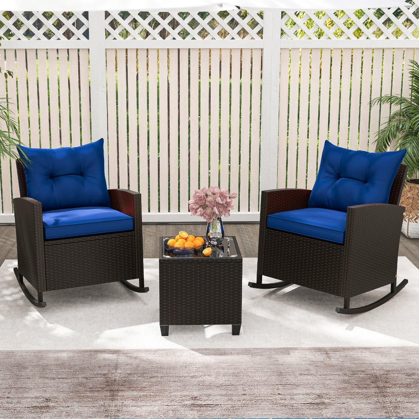 Patio Rattan Roker Chairs with Tempered Glass Table and Soft Cushions for Backyard Poolside Porch