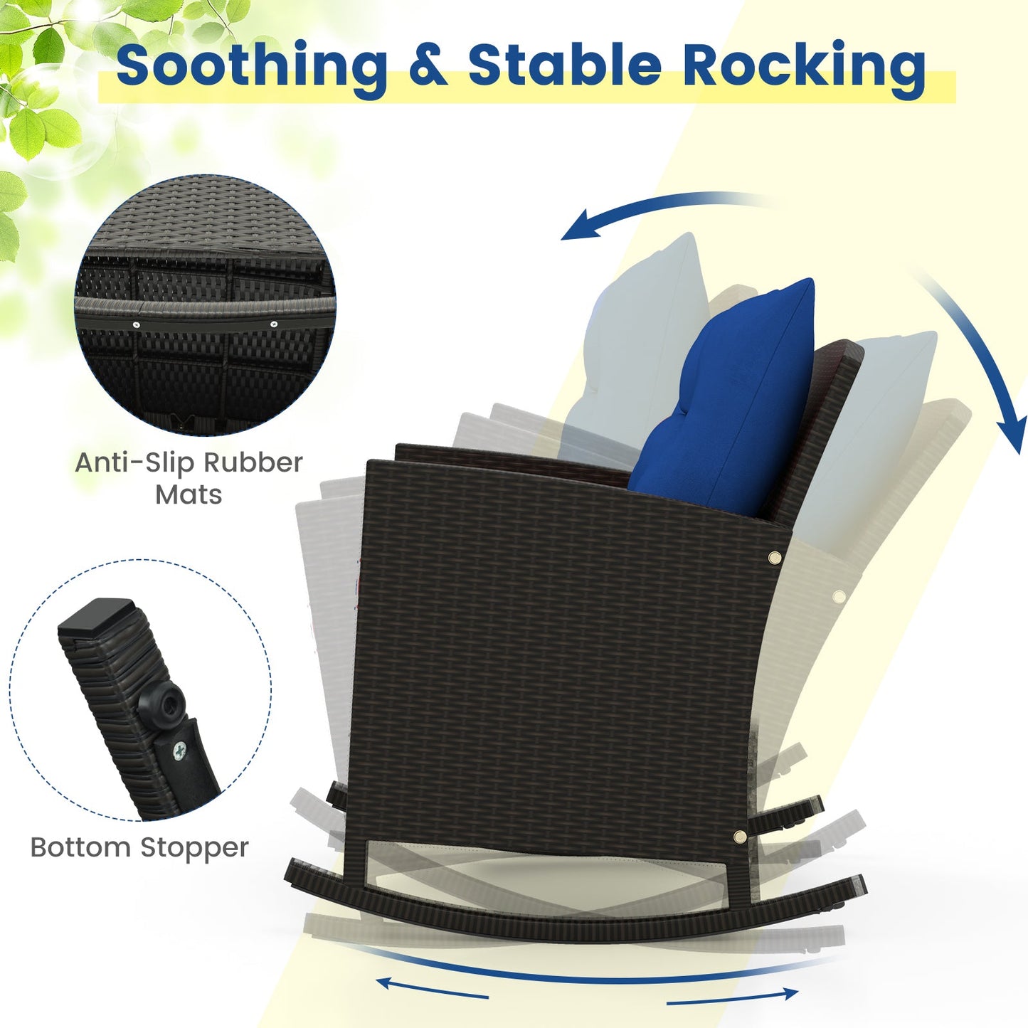 Patio Rattan Roker Chairs with Tempered Glass Table and Soft Cushions for Backyard Poolside Porch