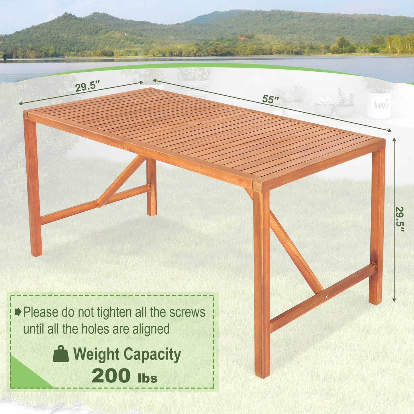 55 Inch Patio Rectangular Acacia Wood Dining Table with Umbrella Hole