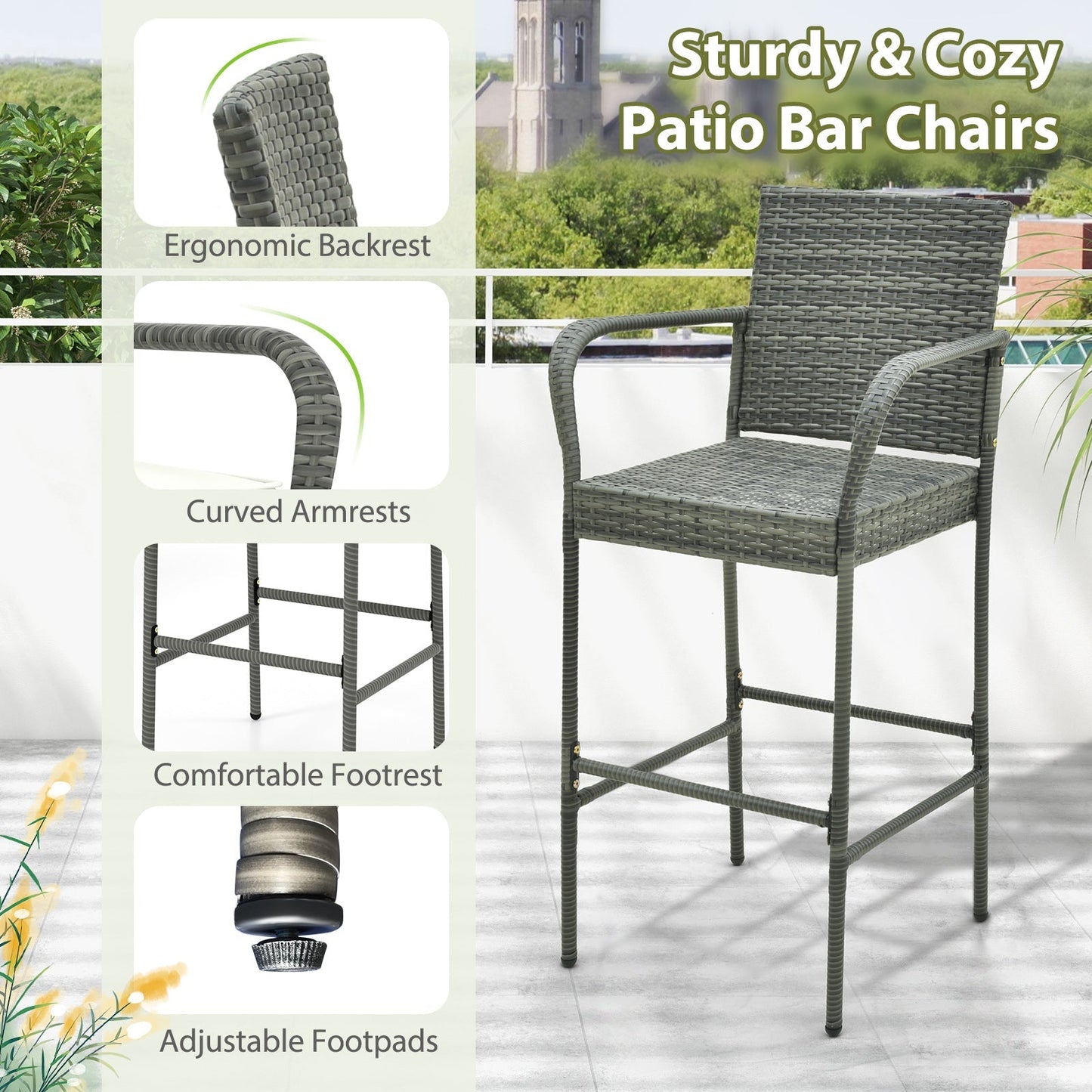 Patio Wicker Barstools with Armrests and Soft Cushions for Porch Backyard Set of 2
