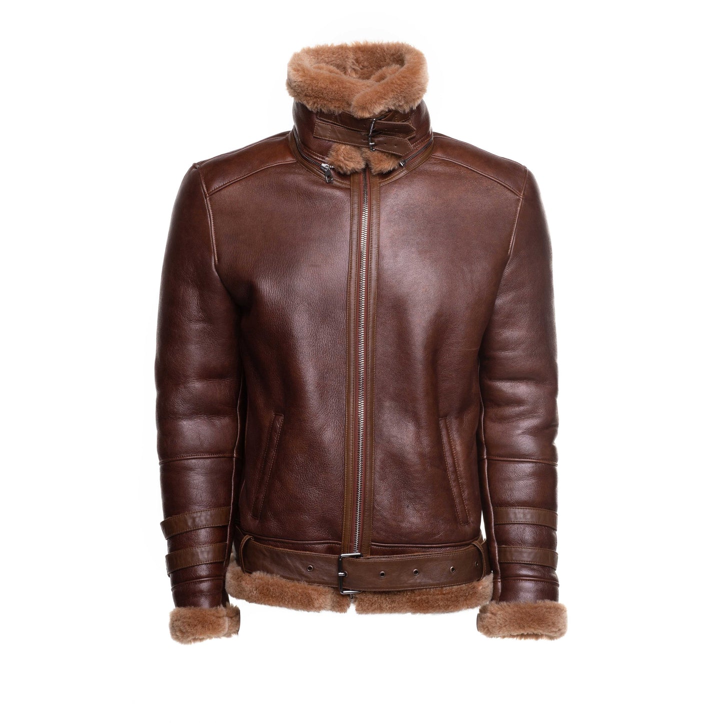 Phans Brown Aviator Bomber Shearling Jacket with Waist Belt