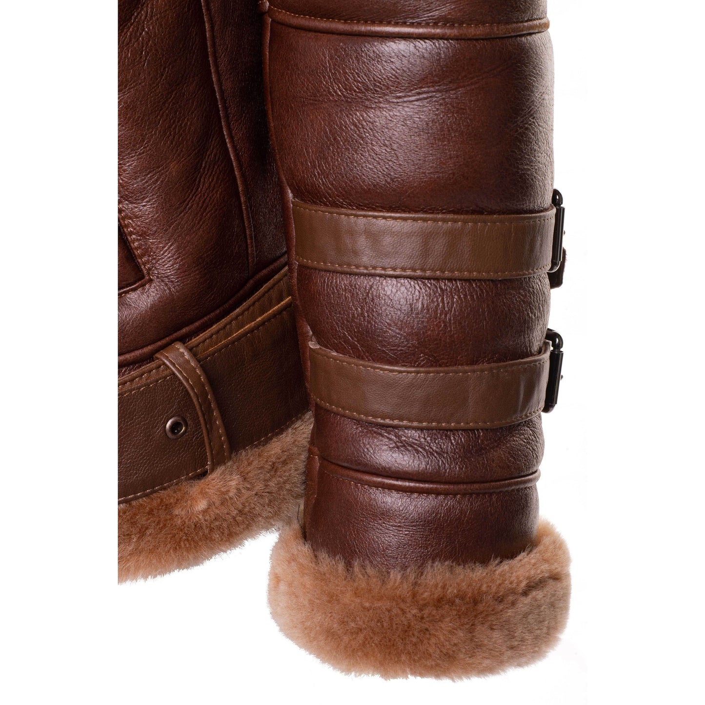 Phans Brown Aviator Bomber Shearling Jacket with Waist Belt