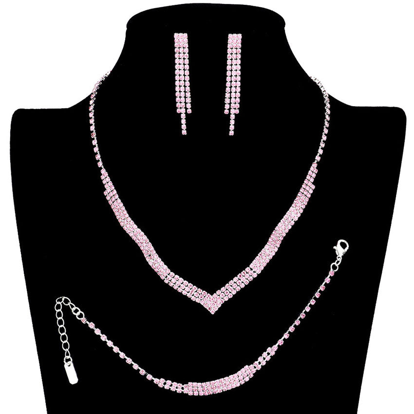 3PCS 3Rows Crystal Rhinestone Necklace Jewelry Set