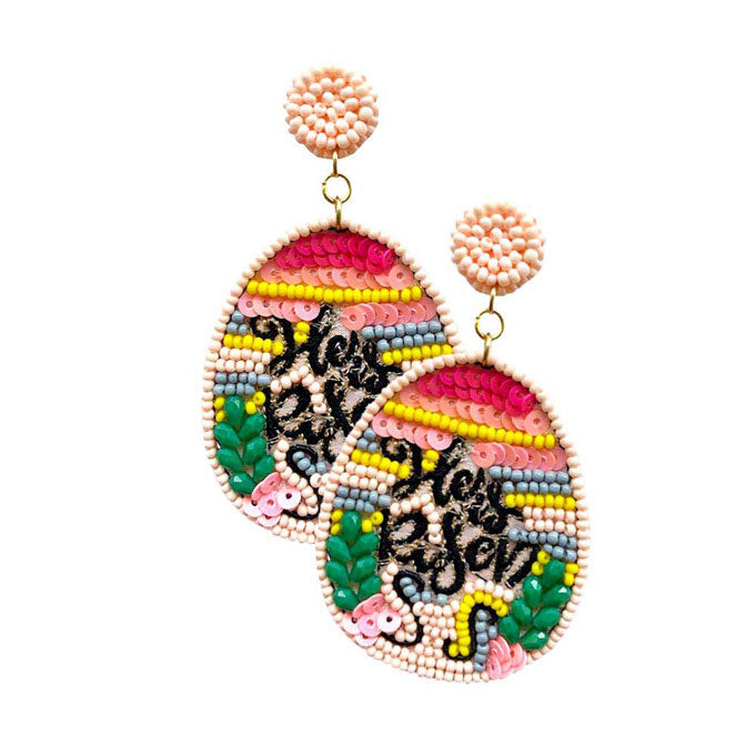 Felt Back Sequin Seed Beaded Easter Egg Dangle Earrings