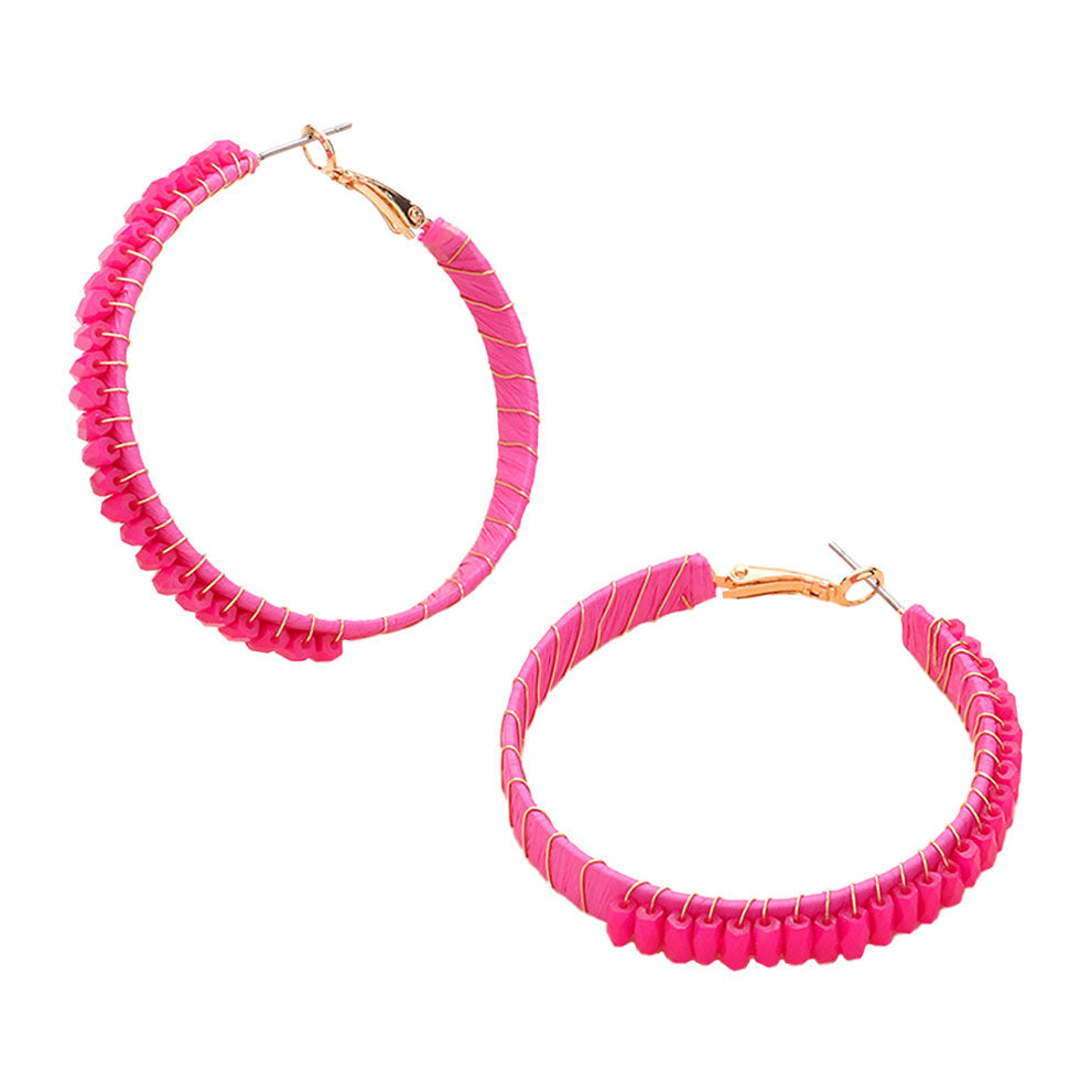 Rectangle Bead Trimmed Raffia Wrapped Hoop Earrings