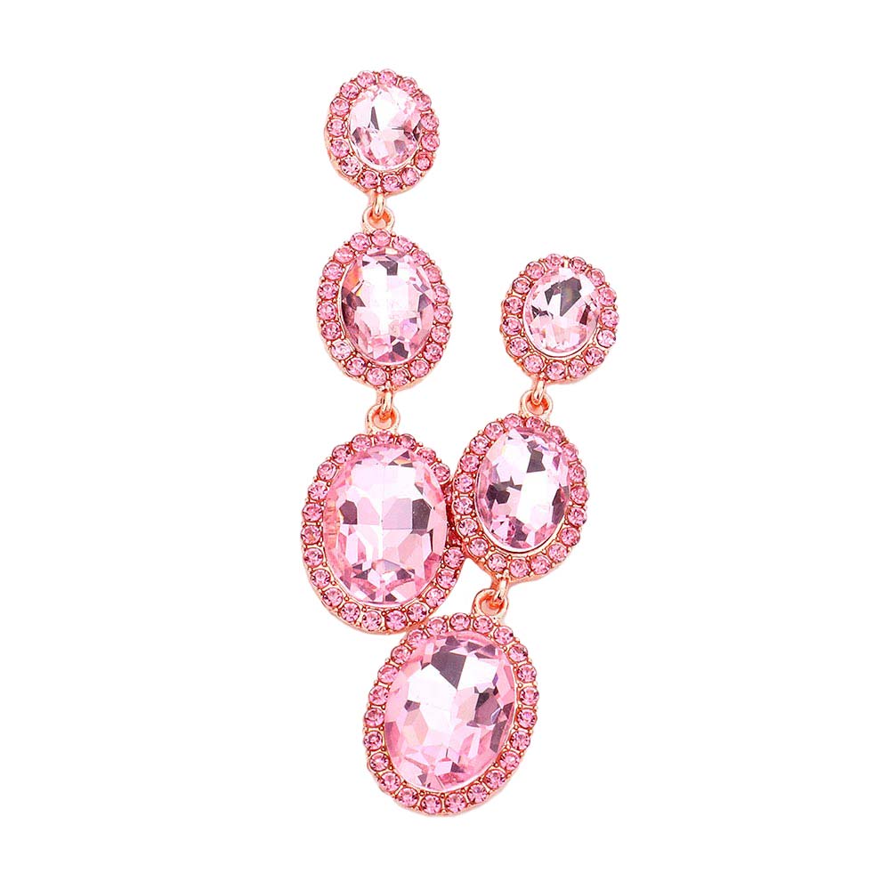 Triple Oval Glass Stone Drop Down Dangle Evening Earrings