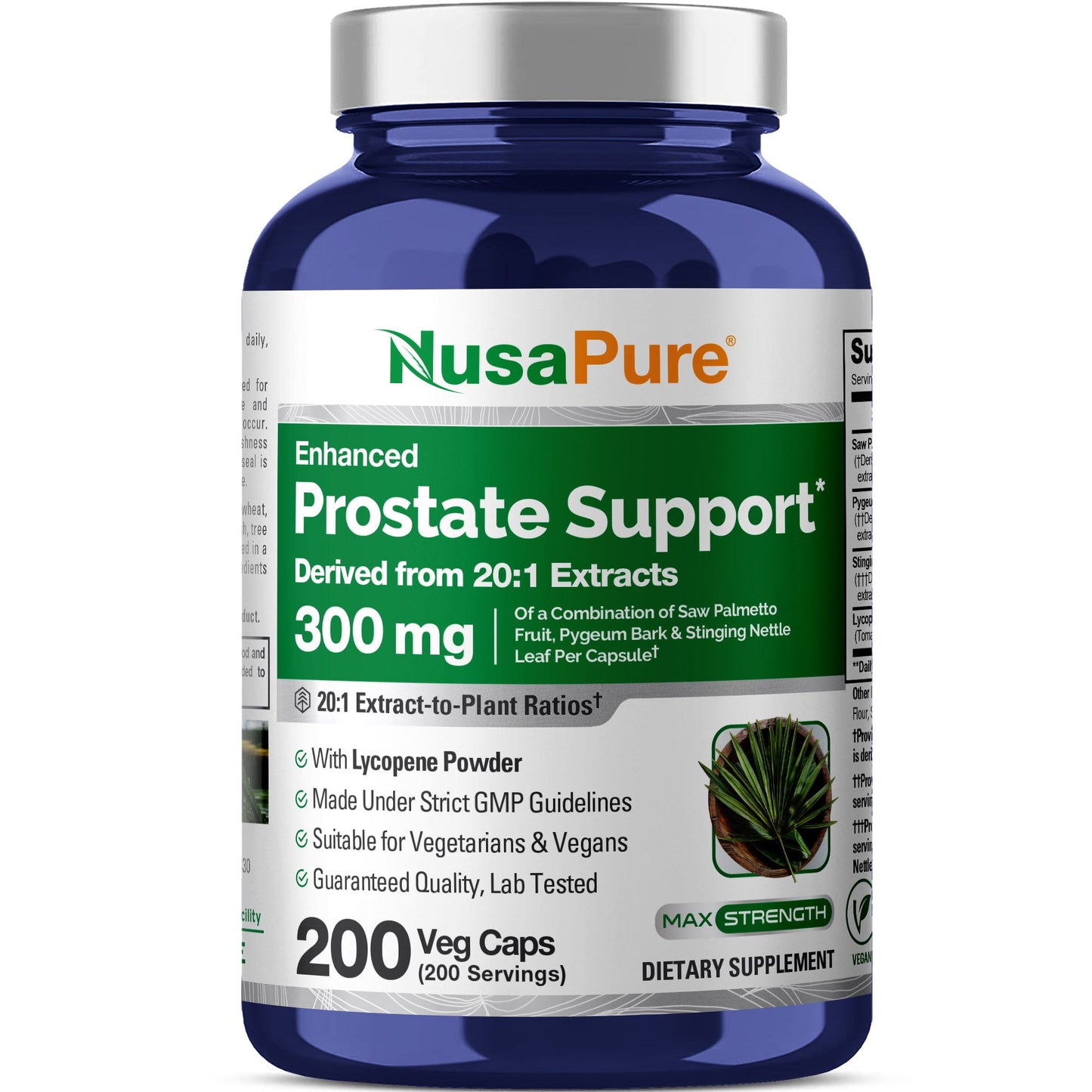 NusaPure Prostate Support 20:1 Extract, 300 mg 200 Veg Caps Dietary Supplement Vegan, Non-GMO