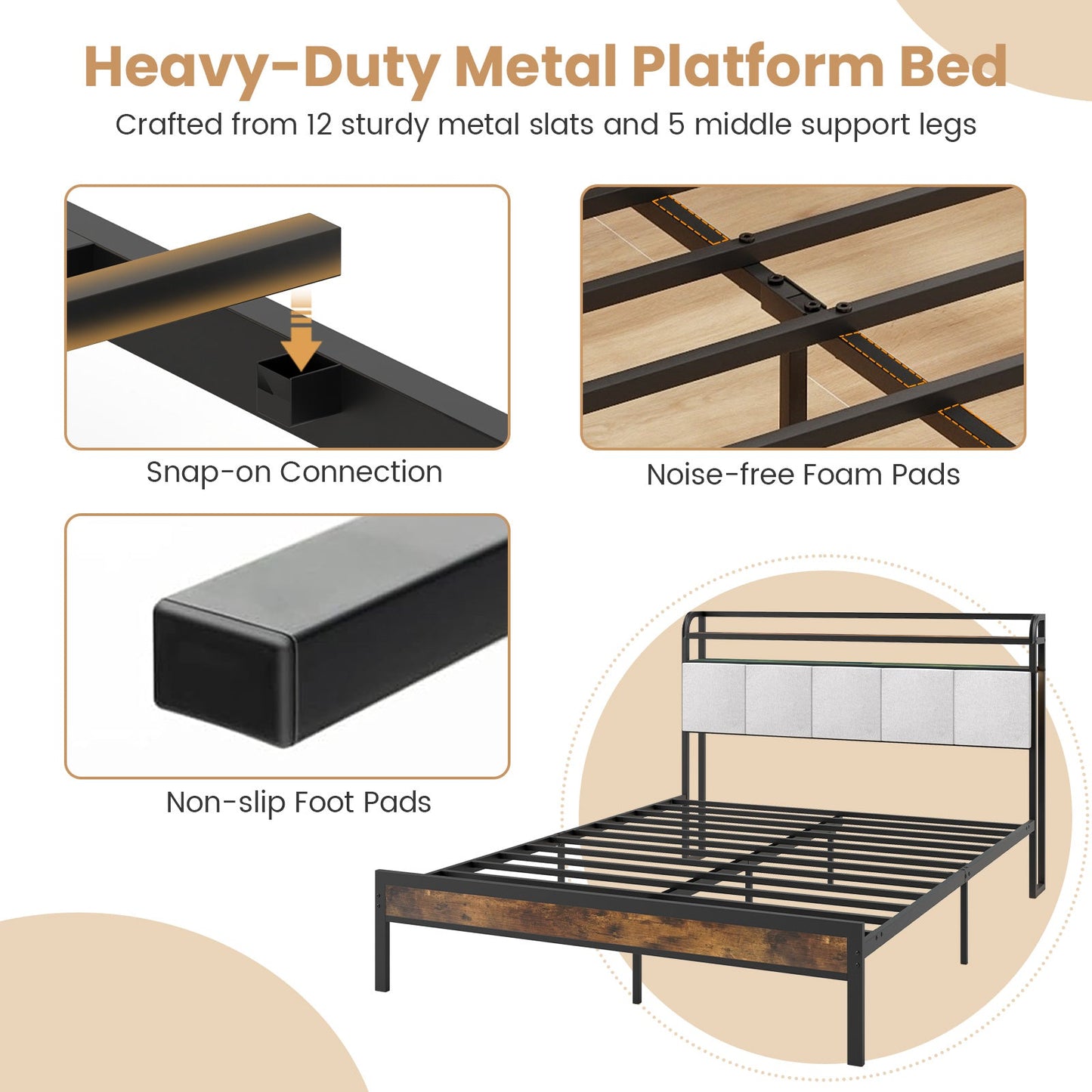 Twin/Full/Queen/King Size Bed Frame with LED Light and Charging Station