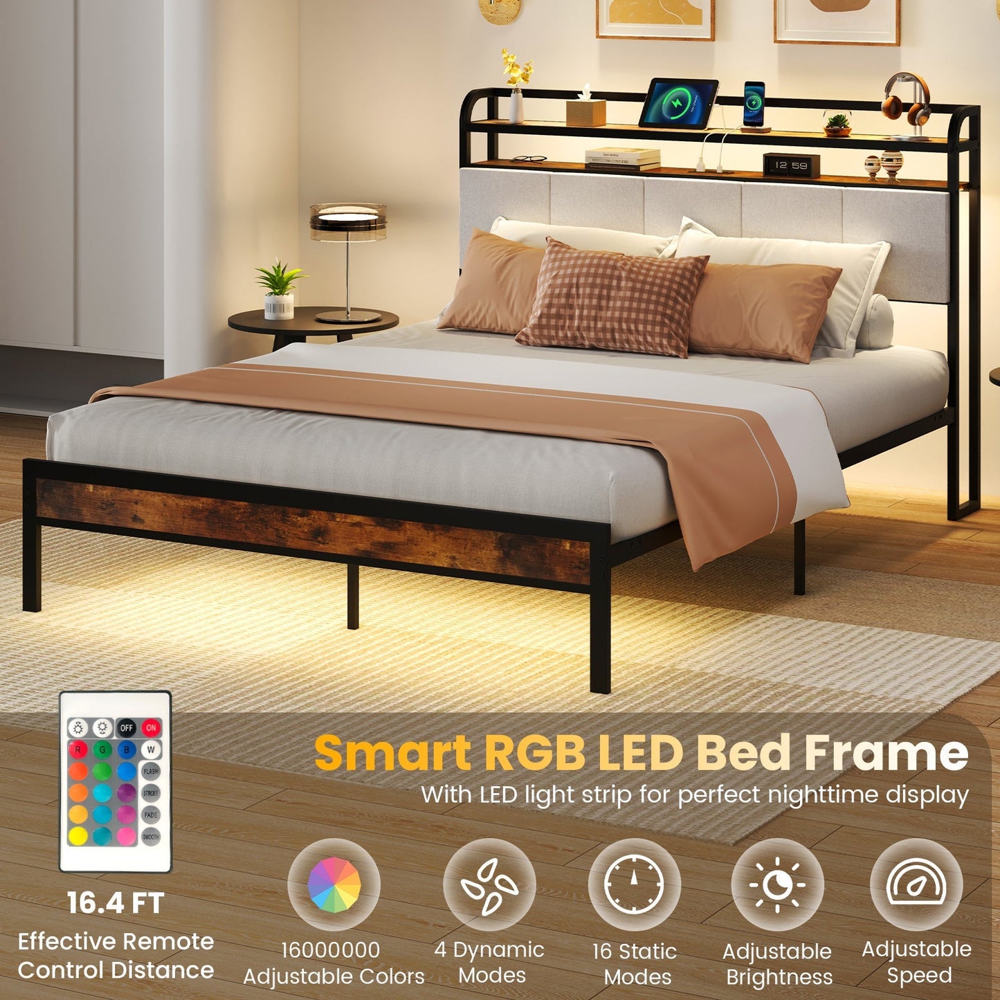 Twin/Full/Queen/King Size Bed Frame with LED Light and Charging Station
