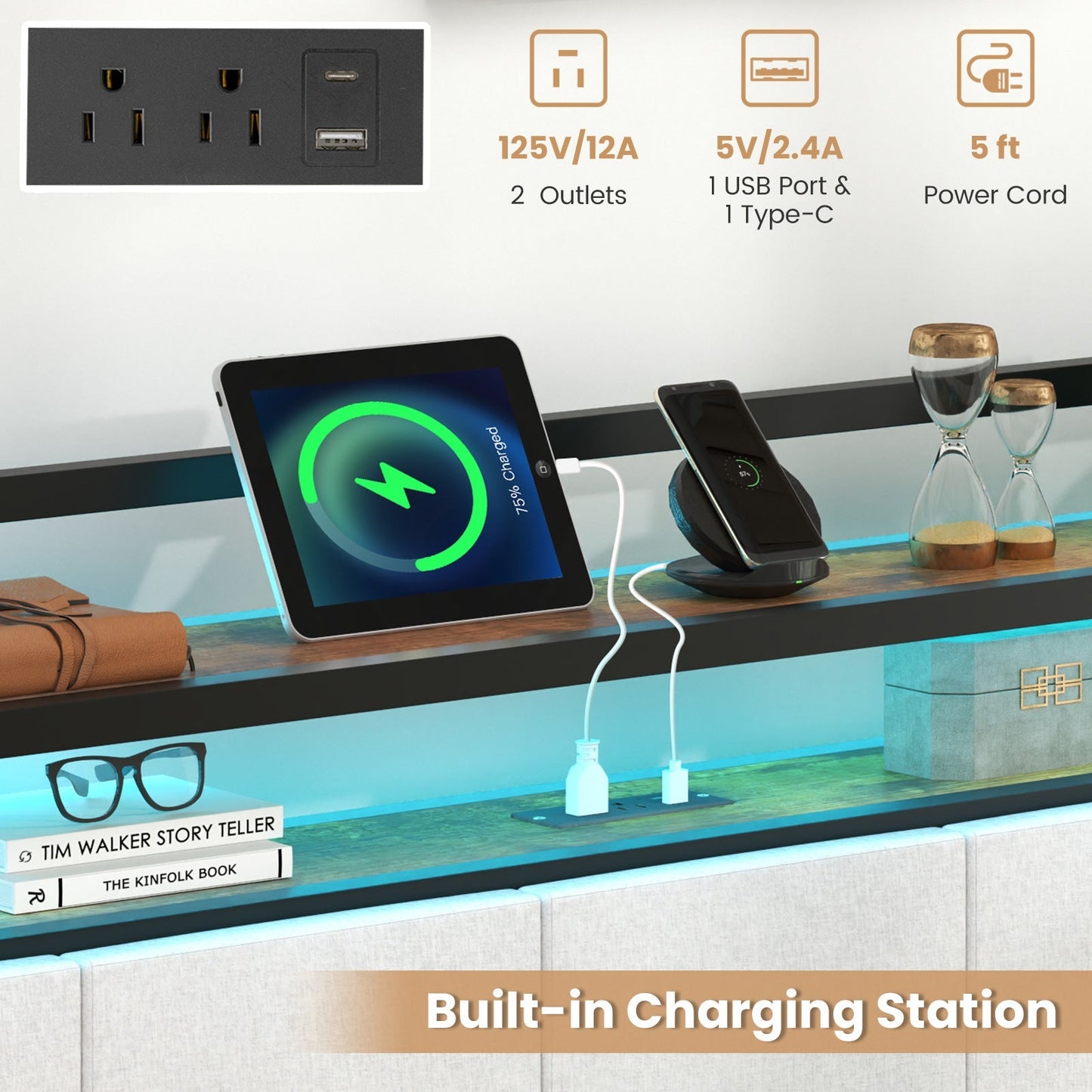 Twin/Full/Queen/King Size Bed Frame with LED Light and Charging Station