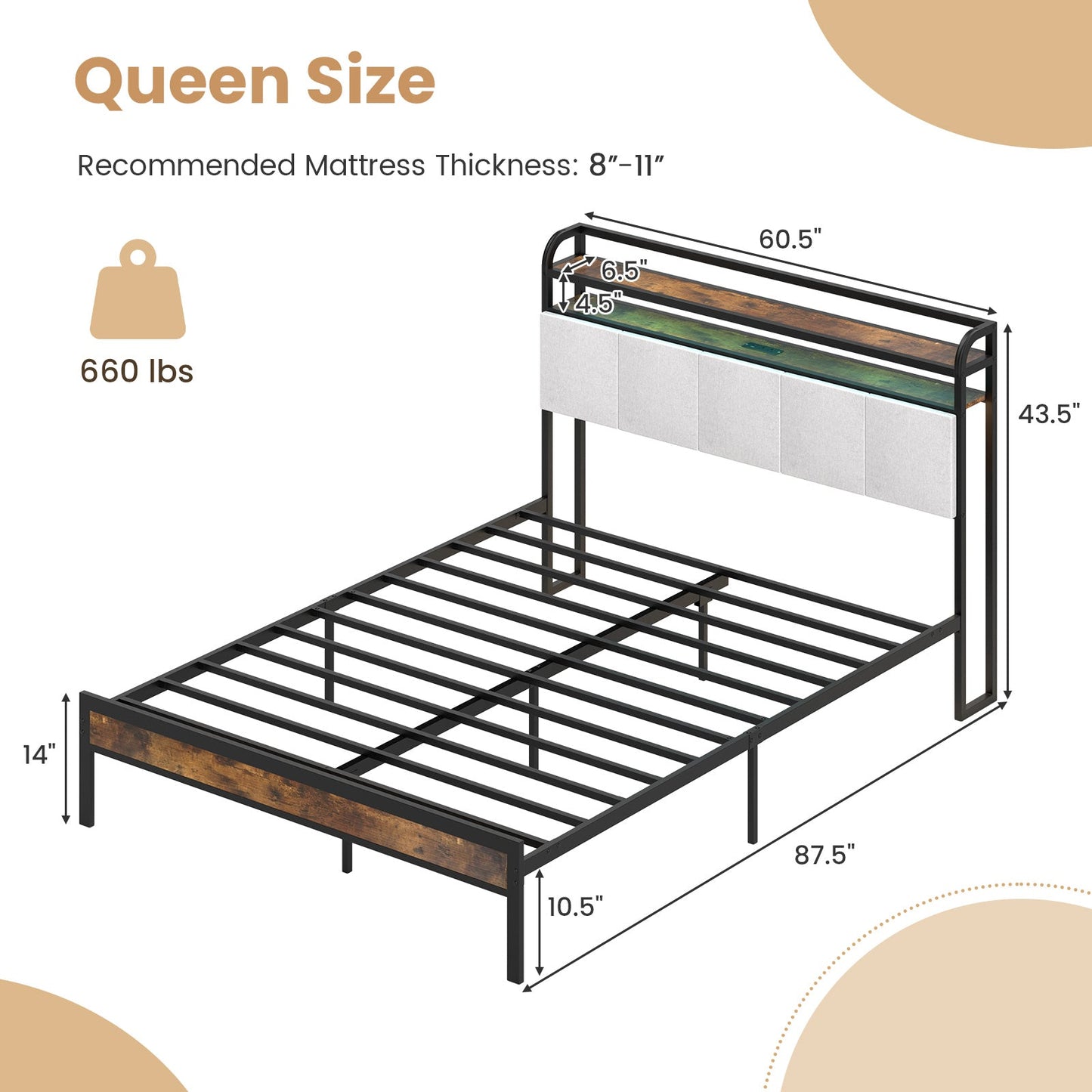 Twin/Full/Queen/King Size Bed Frame with LED Light and Charging Station