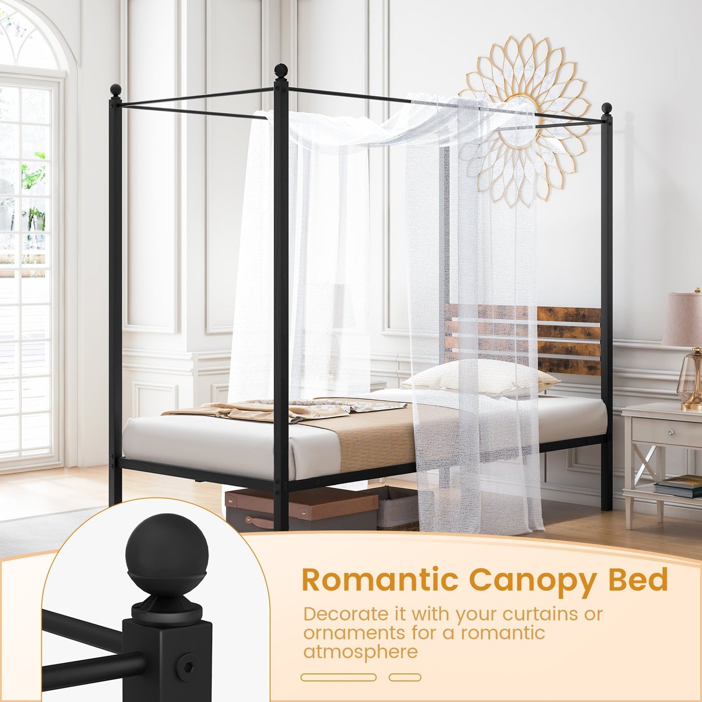 Queen Size Canopy Bed Frame with Under Bed Storage