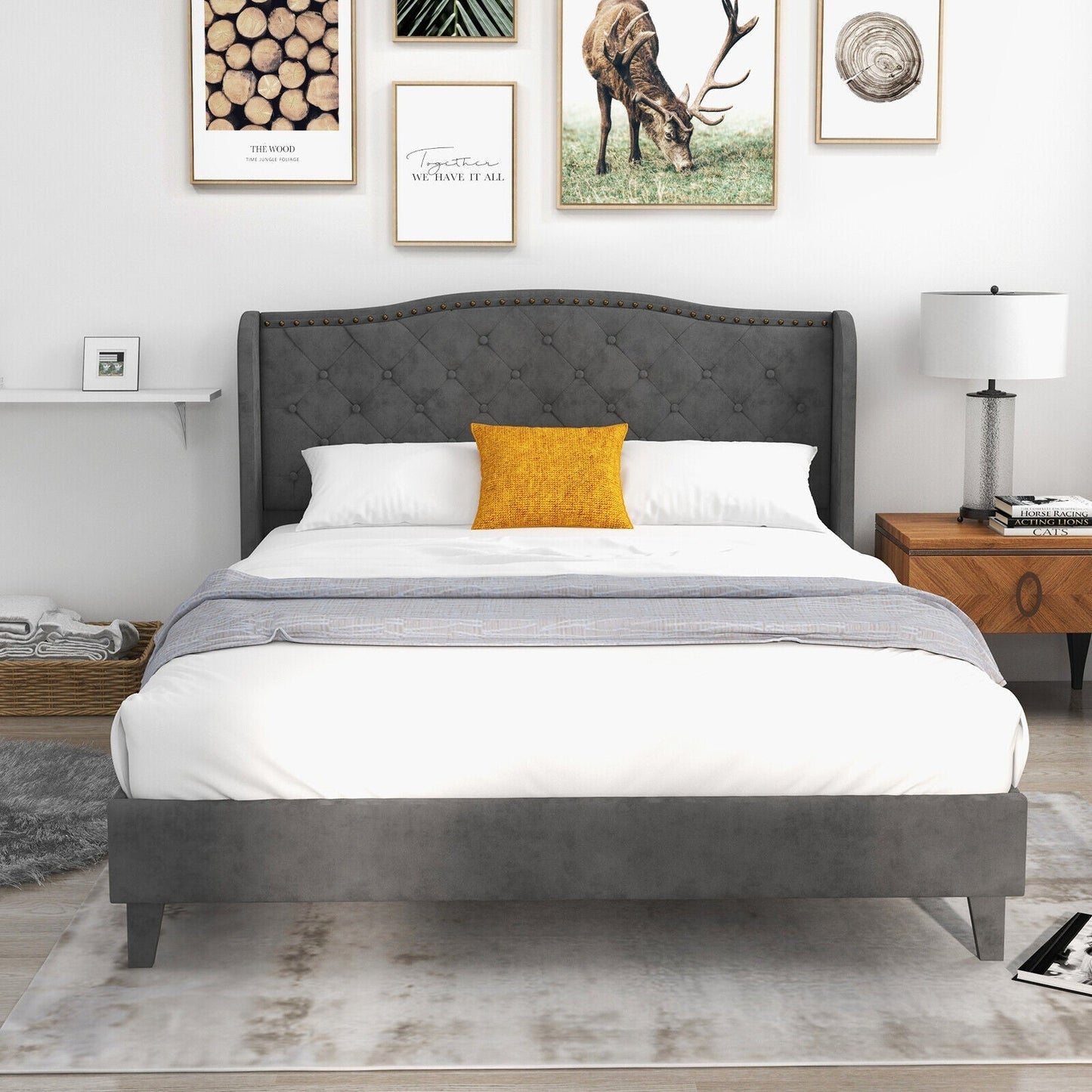 Full/Queen Size Upholstered Platform Bed Frame with Button Tufted Headboard