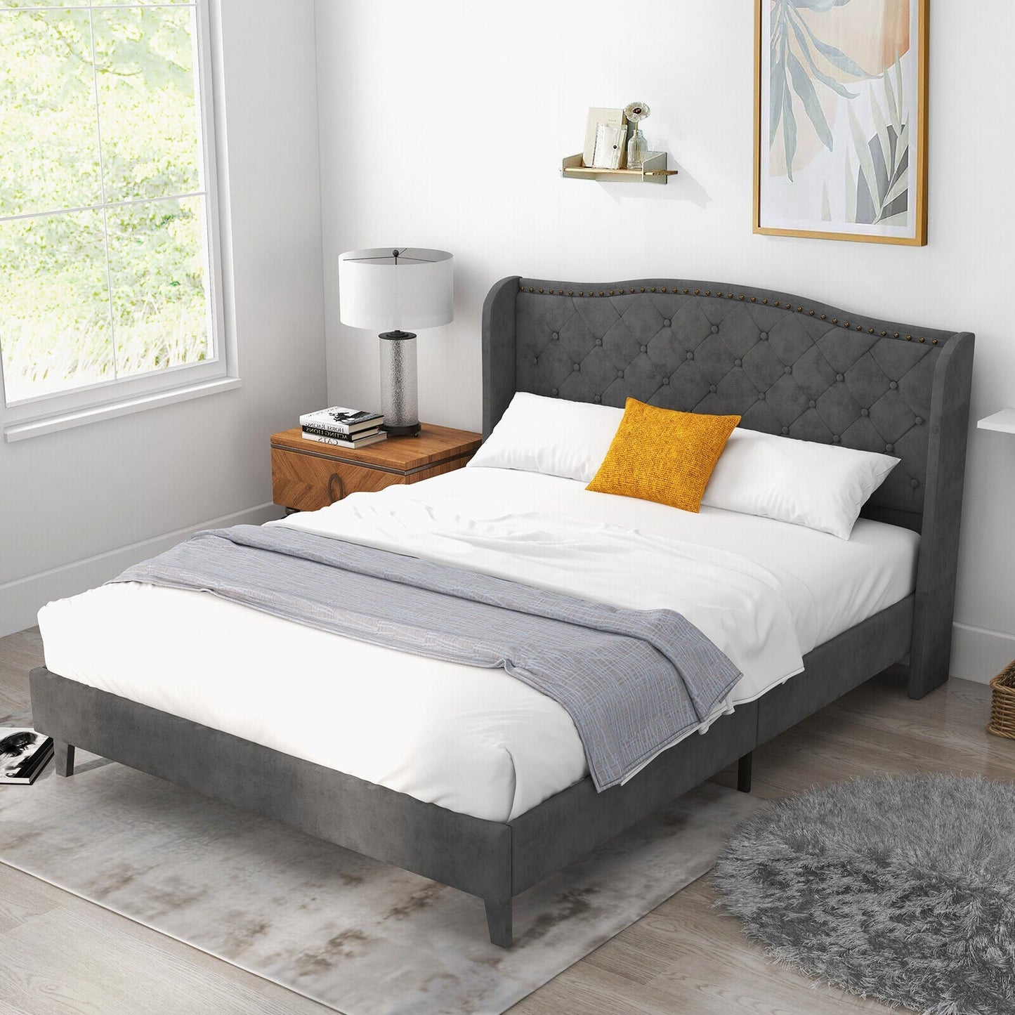 Full/Queen Size Upholstered Platform Bed Frame with Button Tufted Headboard