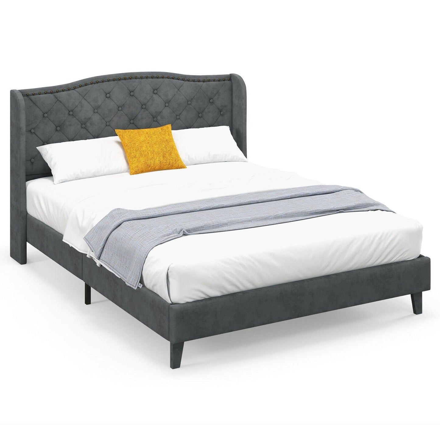 Full/Queen Size Upholstered Platform Bed Frame with Button Tufted Headboard