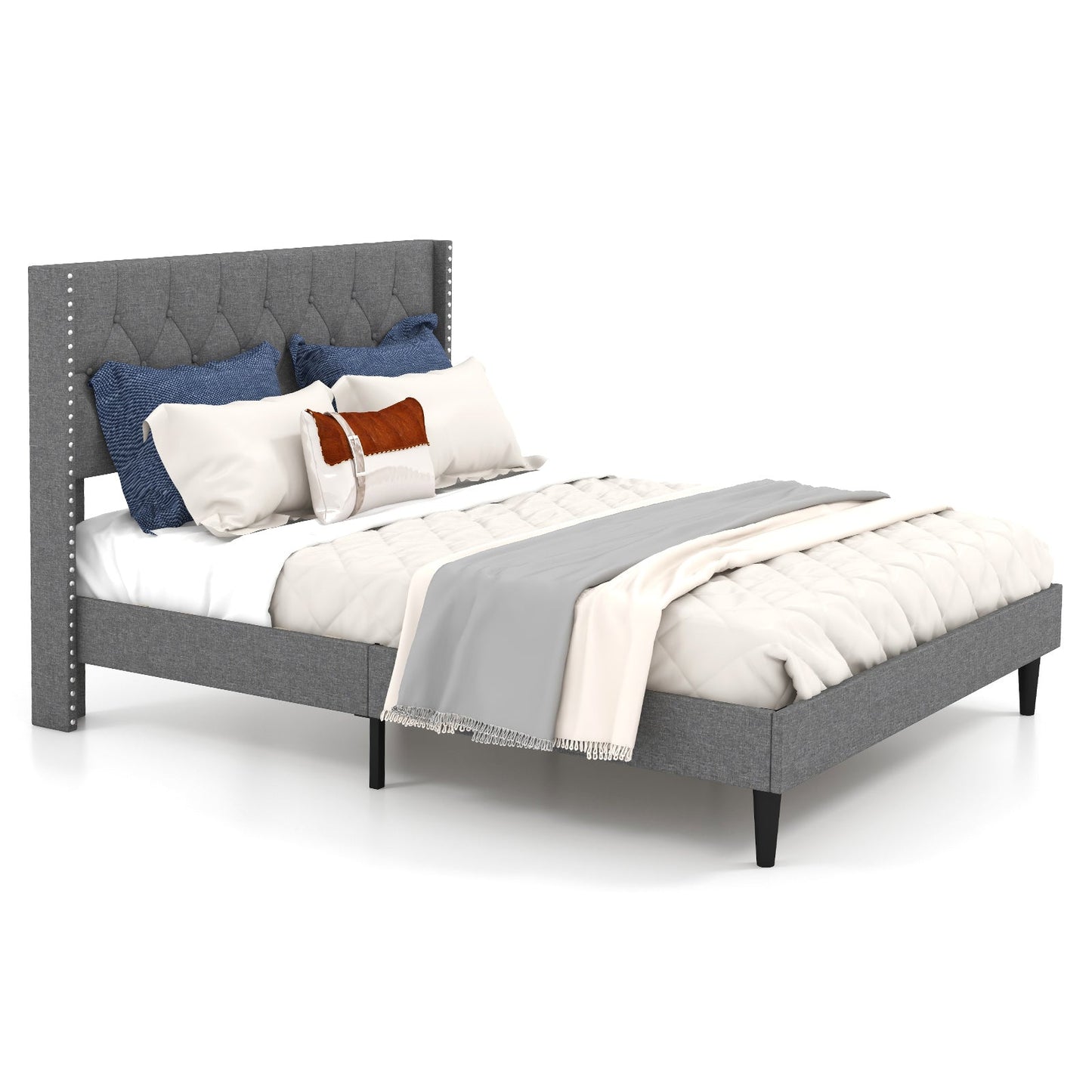 Full/Queen Size Upholstered Platform Bed with Button Tufted Headboard